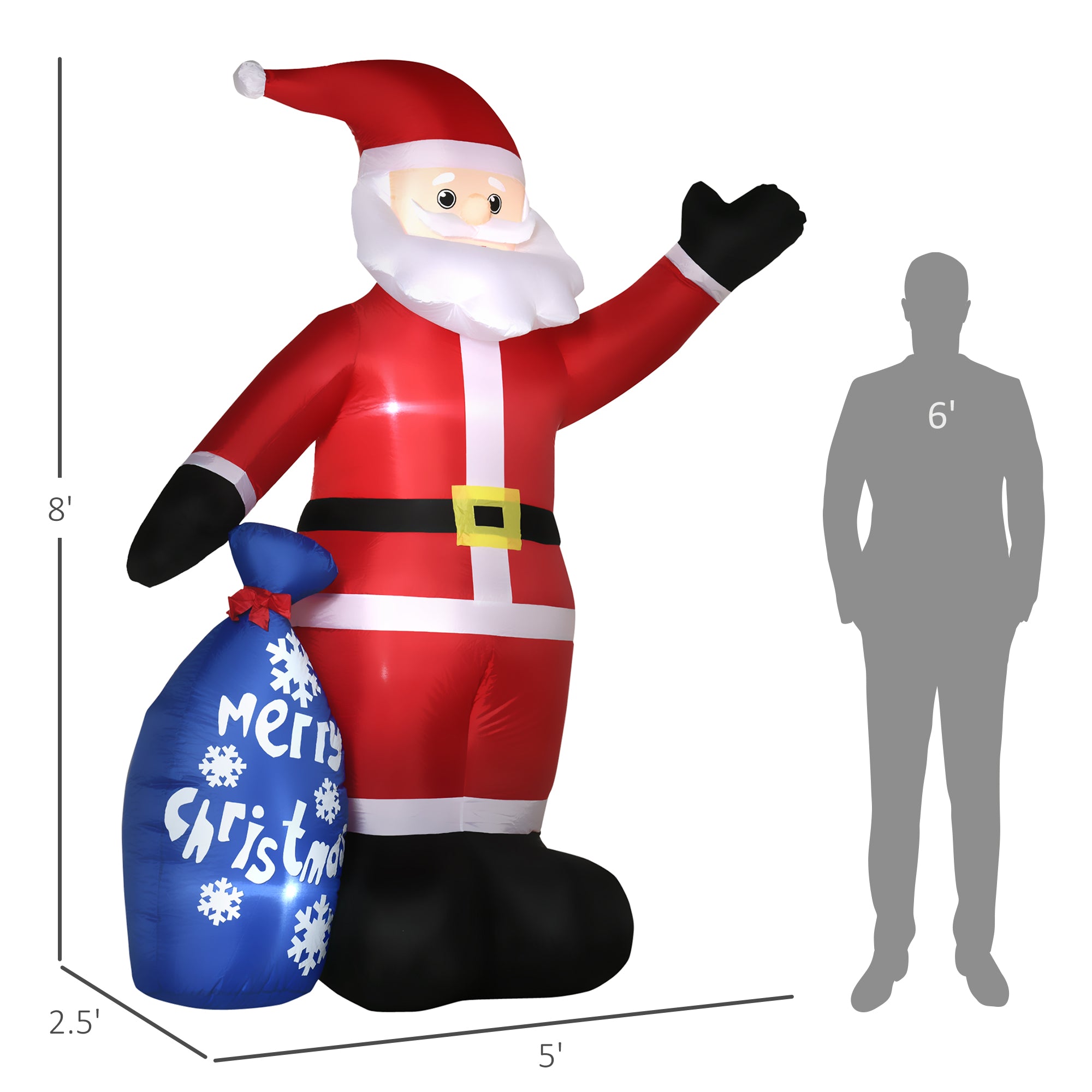 8ft Christmas Inflatables Outdoor Decorations Smiling Santa Claus with Gift Bag, Blow-Up LED Yard Christmas Decor for Lawn Garden Party