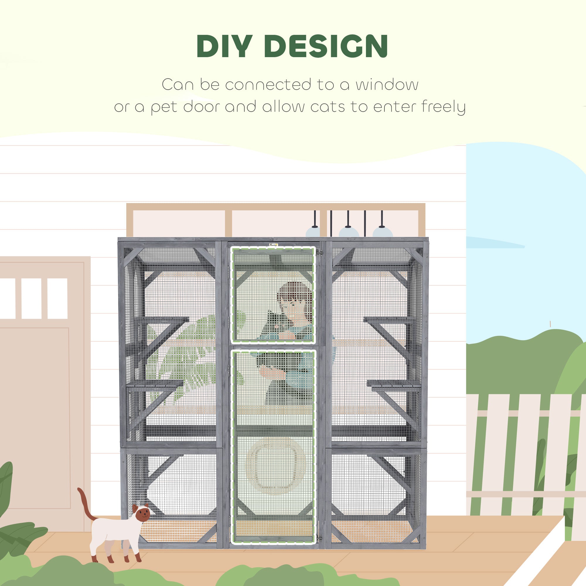 Large Wooden Catio Outdoor with 6 Jumping Platforms, Weatherproof Roof, for 1-3 Cats, 59" x 28" x 60", Gray - Gray - Image 5