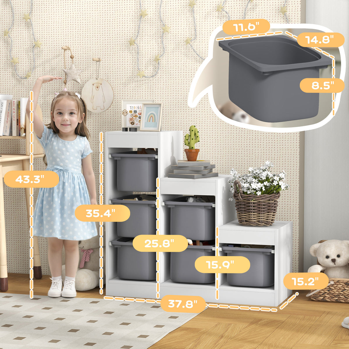 Qaba 3 Layers Kids Toy Storage Organizer with 6 Storage Bins, Kids Bookshelf for Ages 3-8 Years, Play Room, Bedroom, Gray