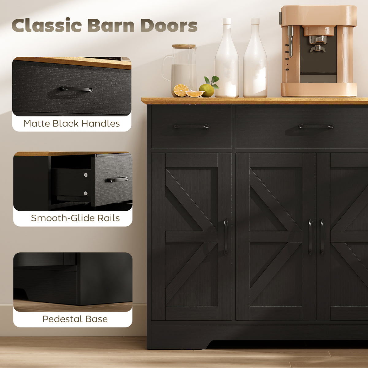 47" Buffet Cabinet with Soft-Close Hinges, Farmhouse Sideboard with 3 Drawers, Adjustable Shelves and Spice Racks, Black