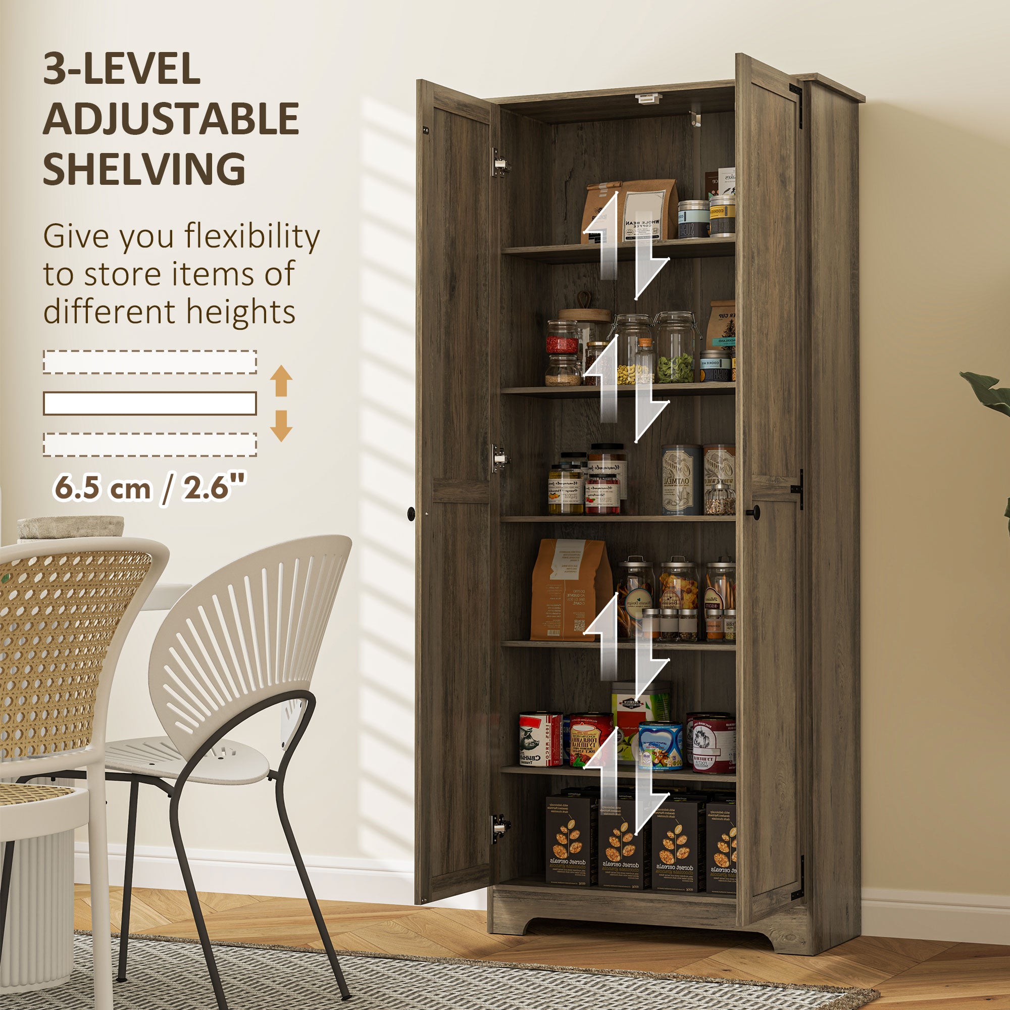 72" Farmhouse Pantry Cabinet, Freestanding Food Pantry Cabinet with Adjustable Shelves, Distressed Gray