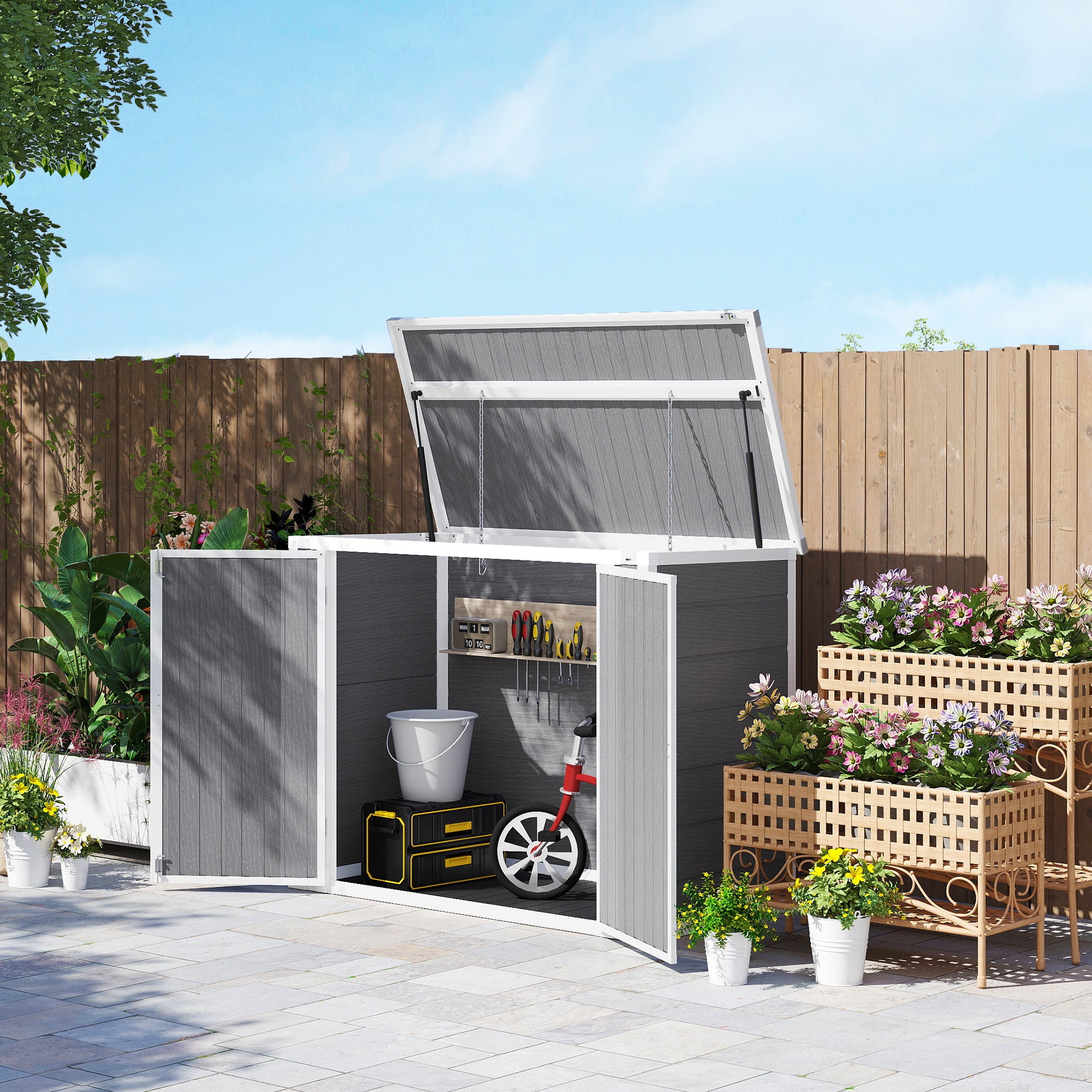 4.7 x 2.5FT Outdoor Horizontal Storage Shed, Lockable Trash Can Storage with Chain Lid, Gray - Gray - Image 4