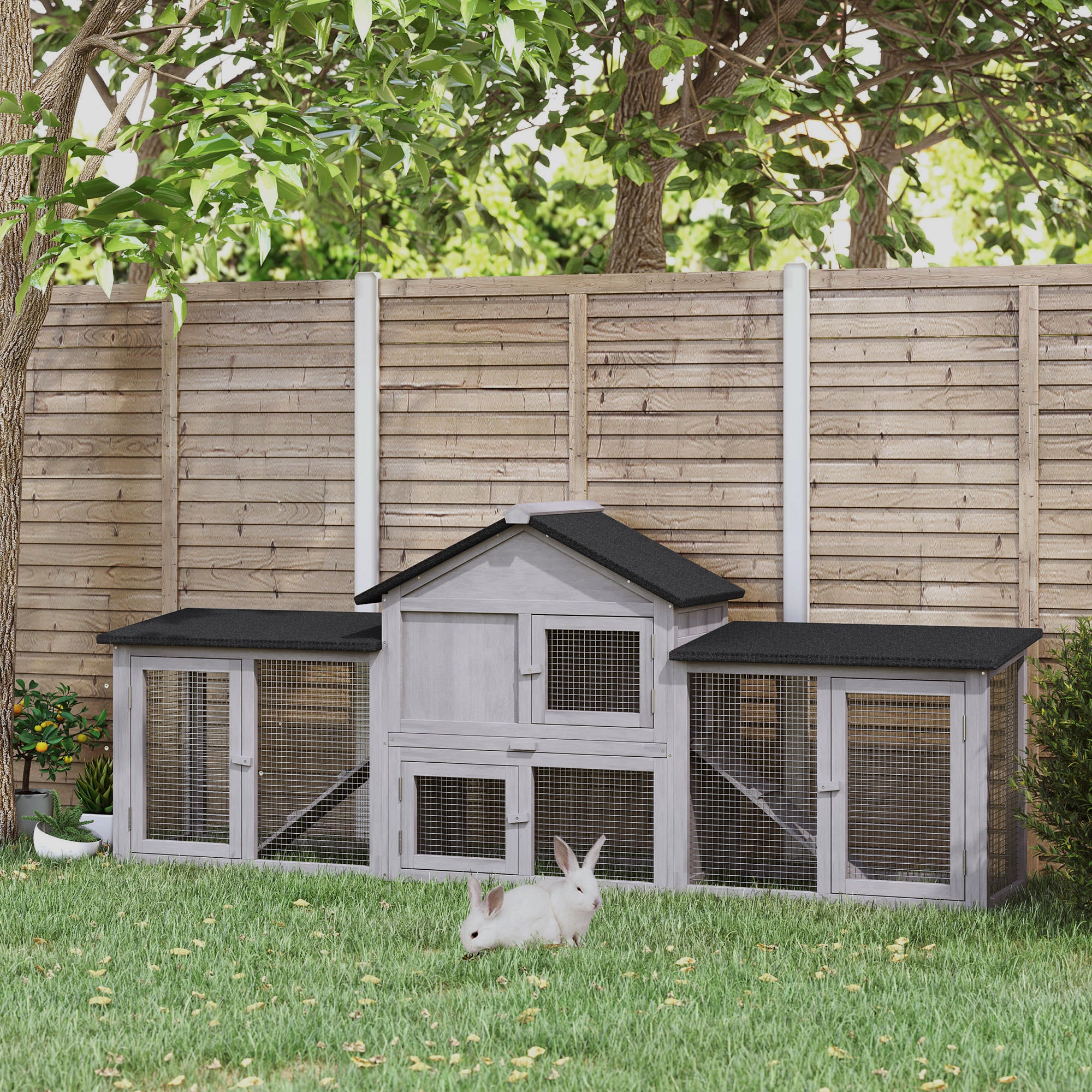 Outdoor Rabbit House 83" 2 Story Deluxe XL Wooden Rabbit Hutch Big Bunny Cage w/ Ladder and Run, Gray - Grey - Image 2