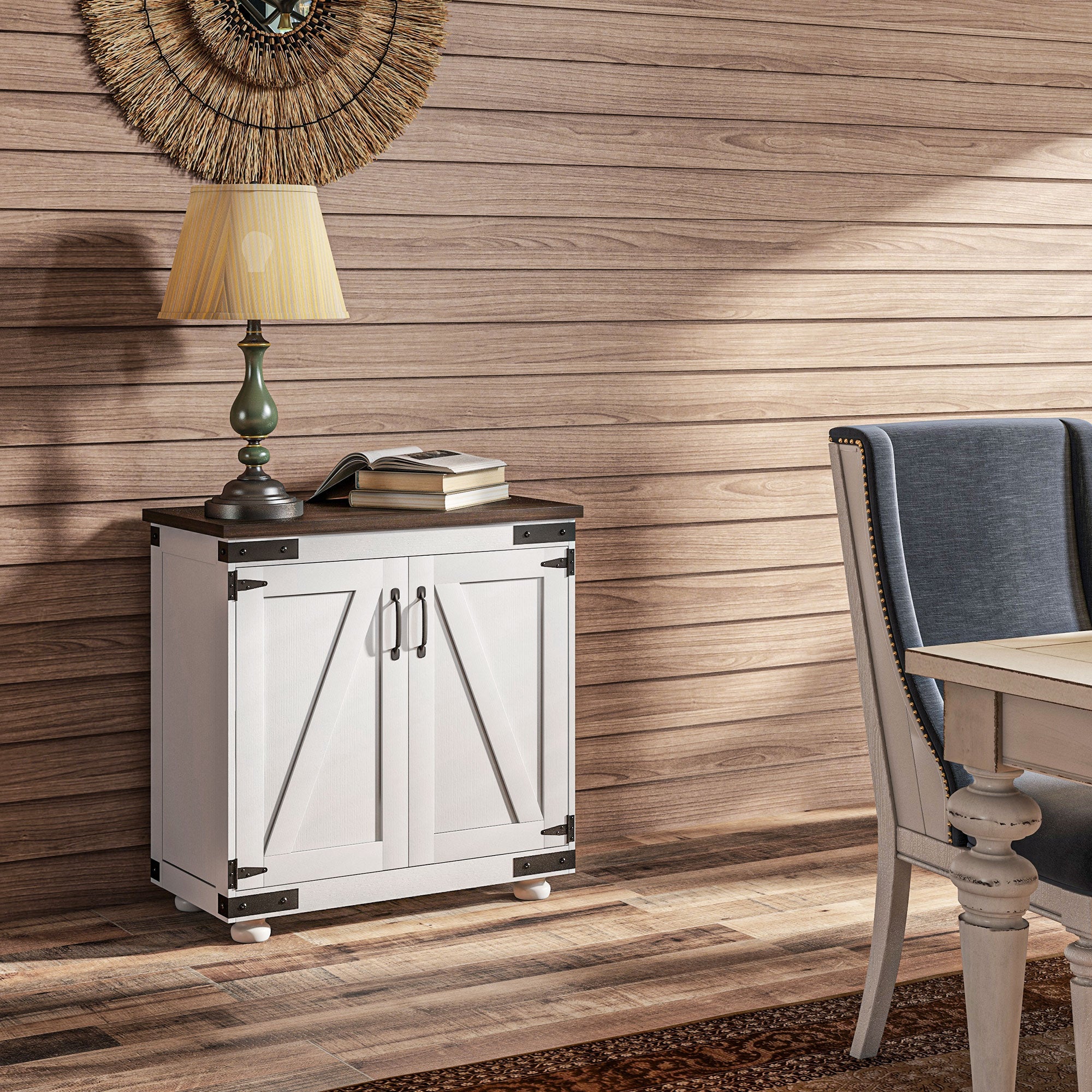Kitchen Sideboard, Buffet Cabinet with Barn Door and Adjustable Shelf, Distressed White