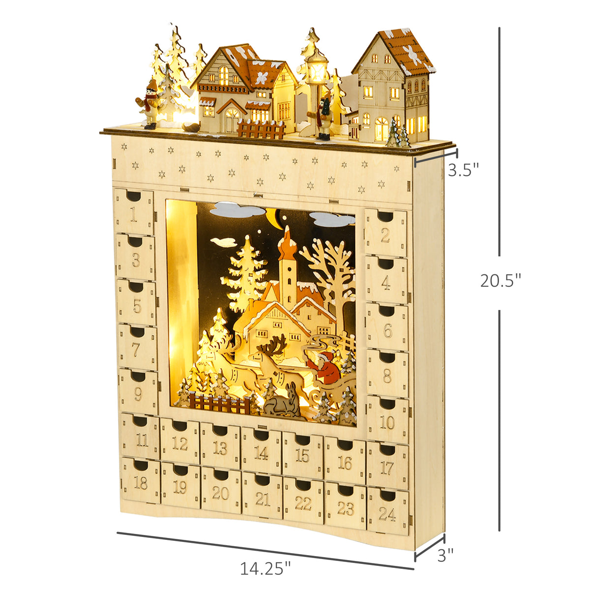 Christmas Advent Calendar, Wooden Countdown to Christmas Table Decoration with 24 Drawers, Lights, Battery Operated
