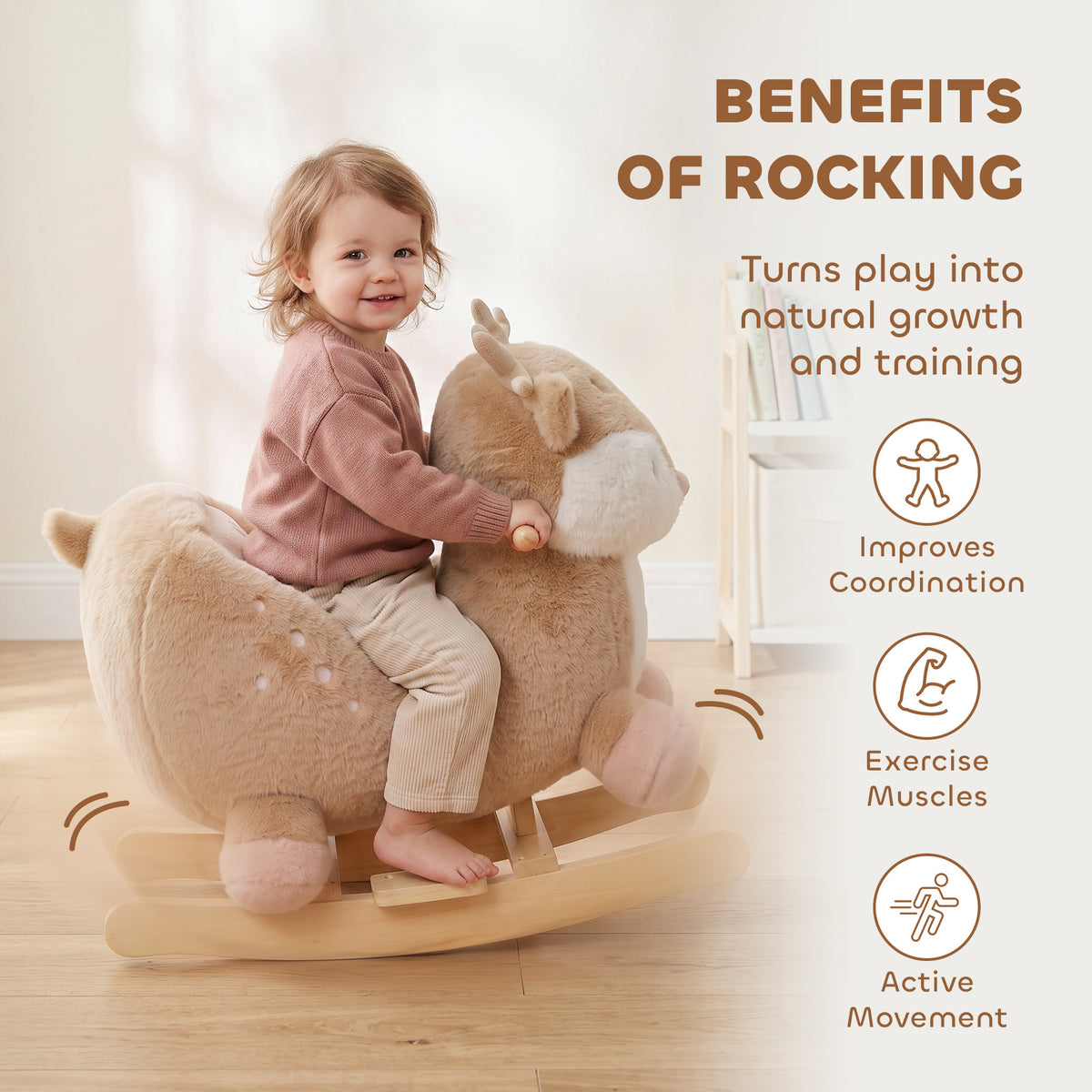 Baby Rocking Horse for Toddlers 1-3 Years, Spotted Deer Rocking Horse Toy with Sounds, Seat Belt and Widened Base, Brown