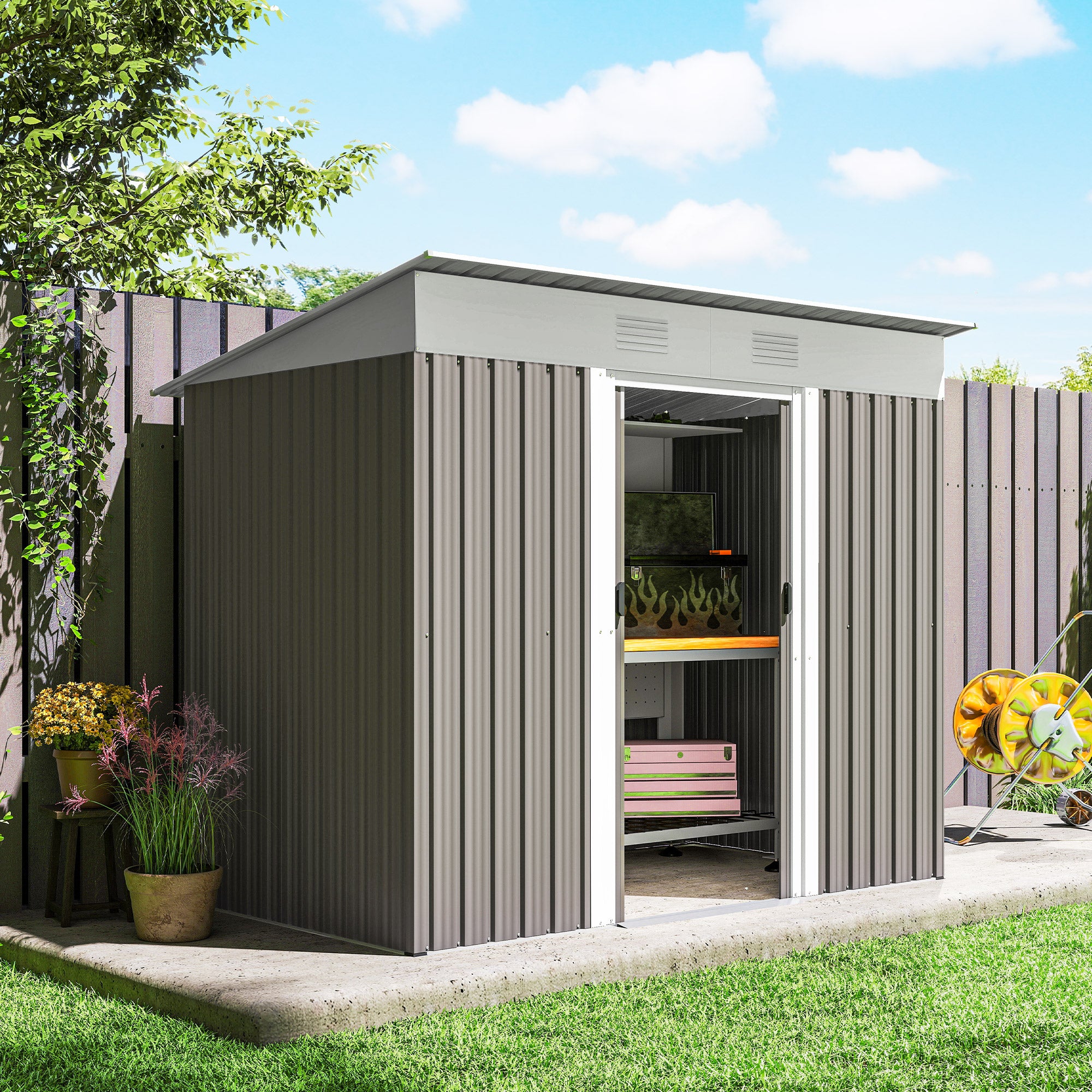 7' x 4' Metal Garden Shed, Backyard Tool Storage Shed with Dual Locking Doors, 2 Air Vents and Steel Frame, Light Gray - Light Gray - Image 8