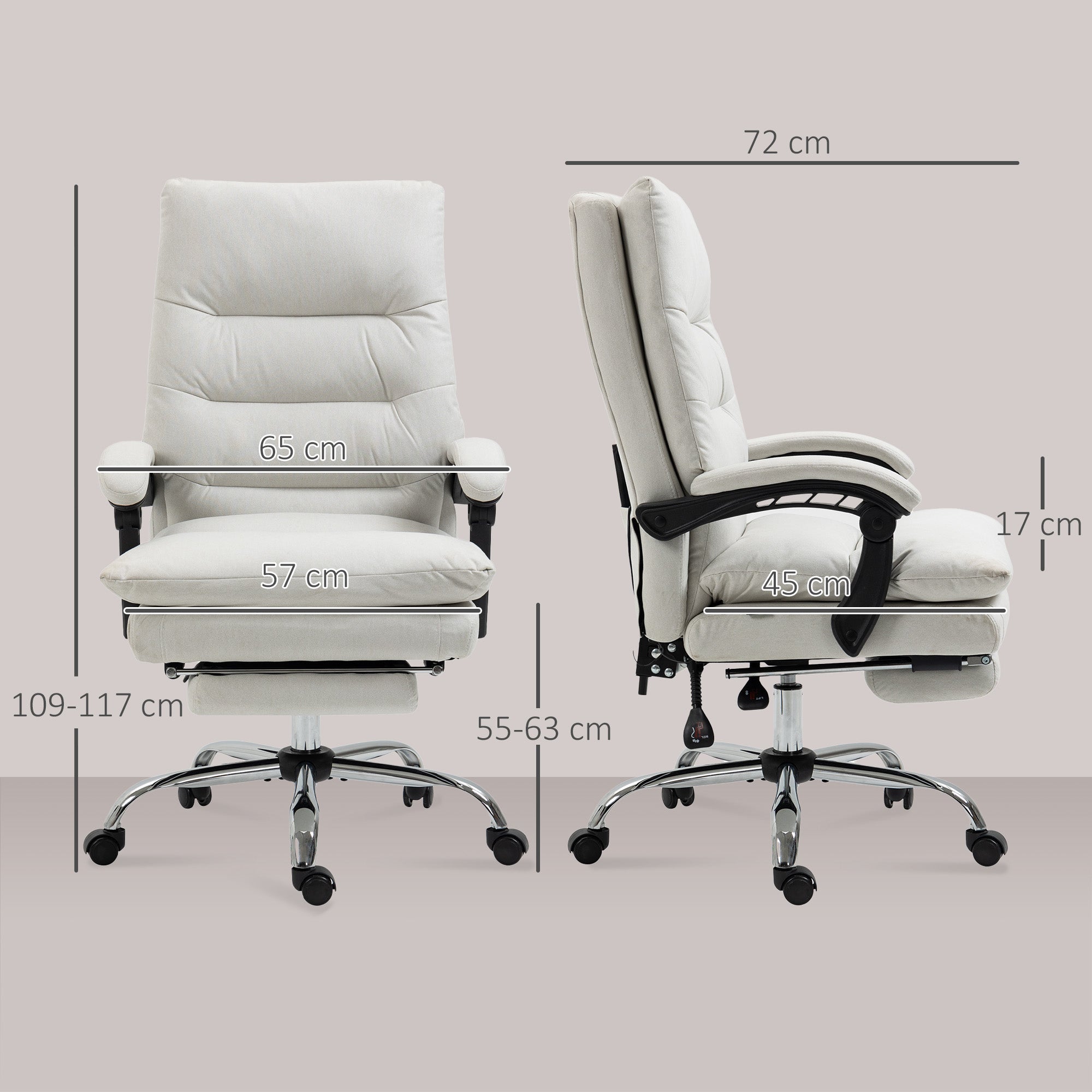 Microfibre Executive Massage Office Chair, Computer Desk Chair, Reclining Chair with Footrest, Double-tier Padding, Swivel Wheels, Cream White