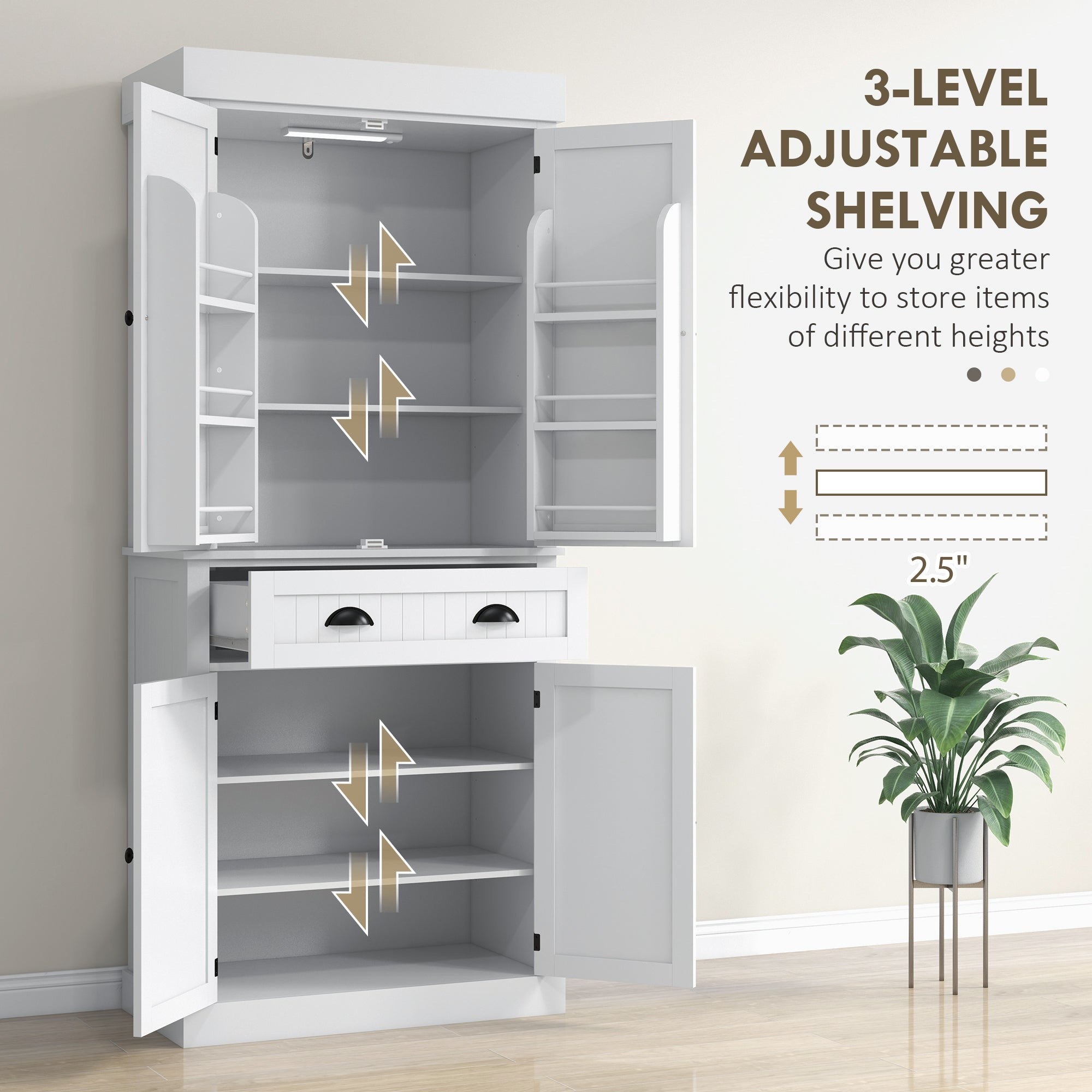 71" Kitchen Pantry Cabinet with LED Lights, 6 Door Shelves, a Drawer and 4 Adjustable Shelves, White