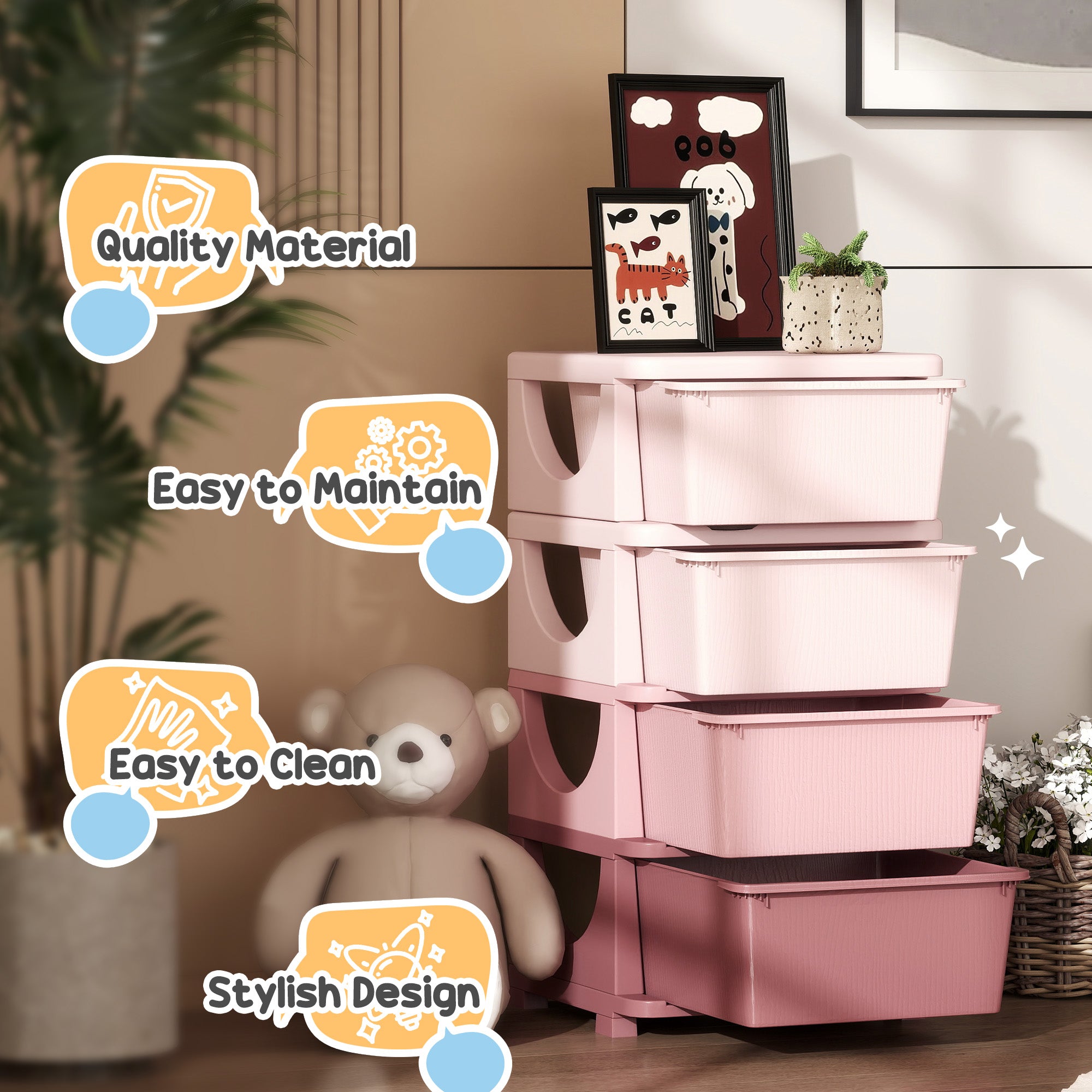30" 4 Tier Kids Storage Unit Dresser Tower w/ 4 Drawers, Pink