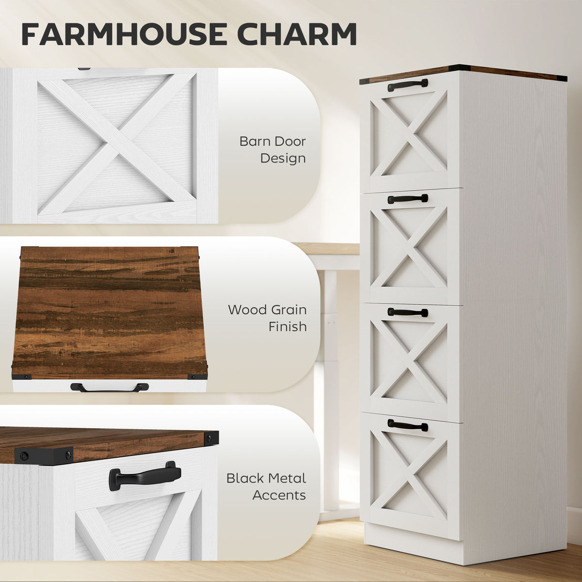 Vertical Storage Drawers Farmhouse X Pattern Printer Stand Fits Letter Files 4 Drawers White