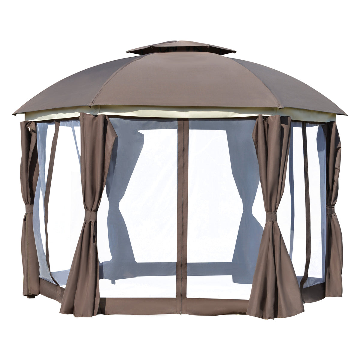 12' x 12' Round Outdoor Gazebo, Patio Dome Gazebo Canopy Shelter with Double Roof, Netting Sidewalls and Curtains, Zippered Doors, Strong Steel Frame, Brown