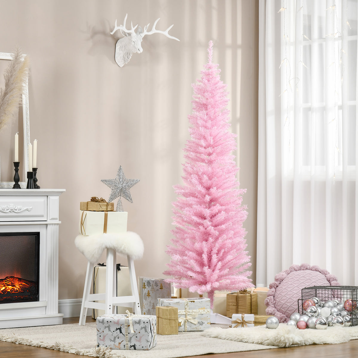 6' Artificial Pencil Christmas Tree, Slim Xmas Tree with 390 Realistic Branch Tips and Plastic Stand, Pink