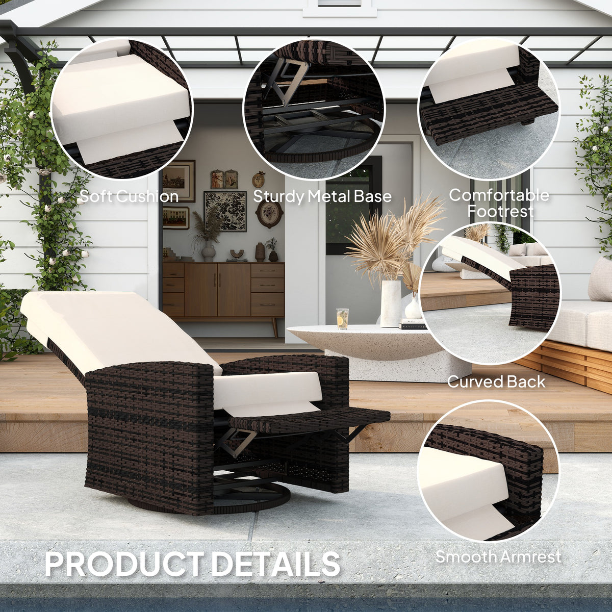 Outdoor Wicker Swivel Recliner Chair, Lifting Footrest, 360° Rotating Basic, Water-resistant Cushions, Khaki