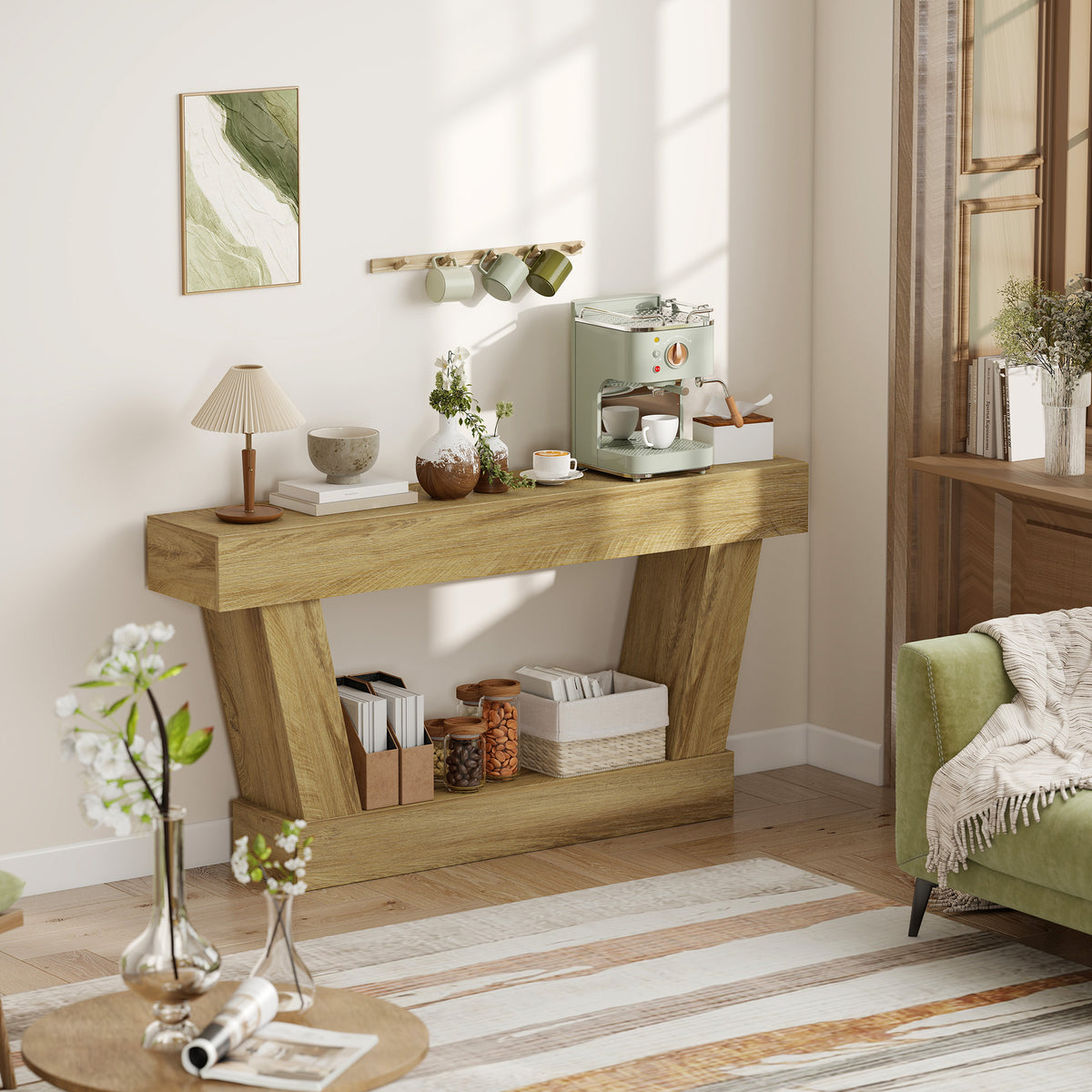 63 Inch Vintage Console Table, Narrow Entryway Table with Open Shelf for Living Room, Oak