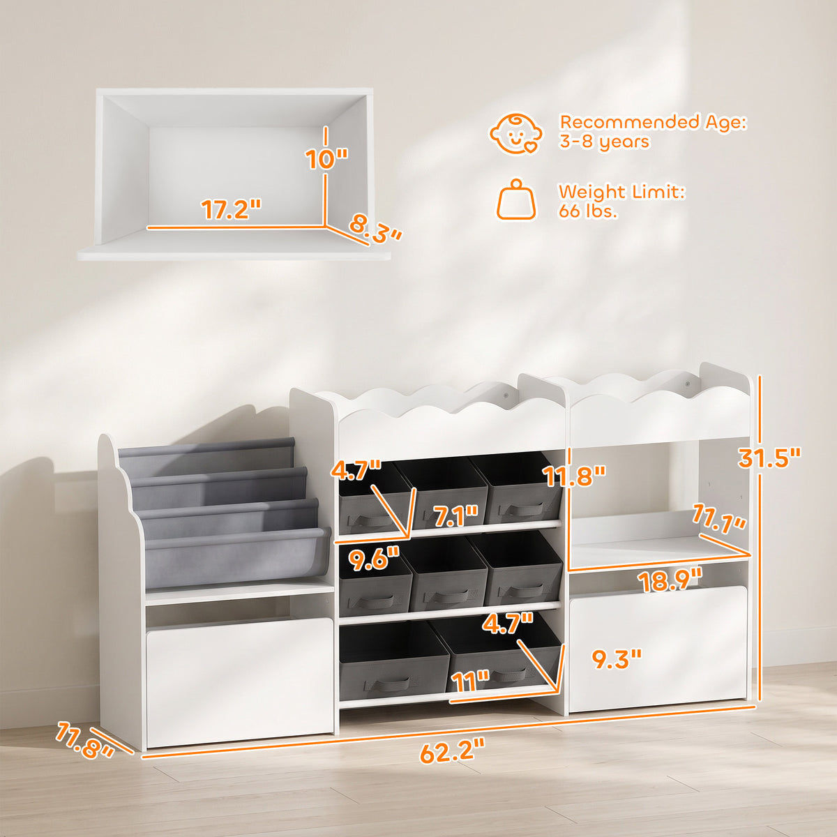 Kids Toy Storage Organizer, Kids Bookshelf with 8 Fabric Bins, 2 Rolling Drawers, Open Shelves for Kids Room, White