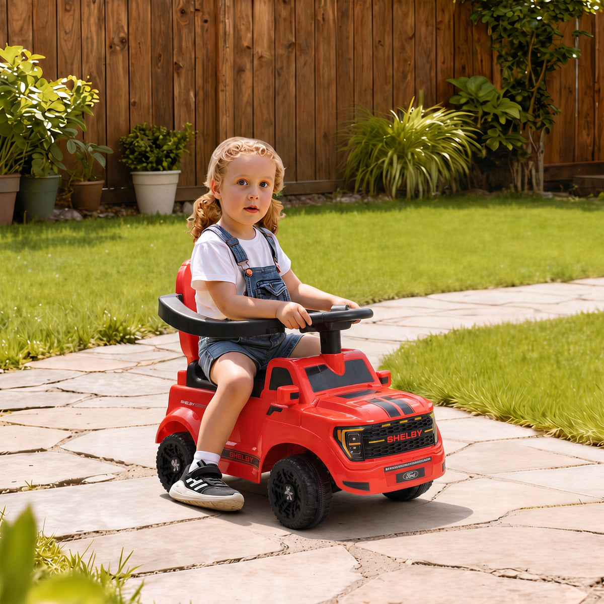 3-in-1 Push Car for 1-3, Licensed Ford Shelby Sliding Walking Car with Parent Handle, Canopy, Guardrail, Storage, Red