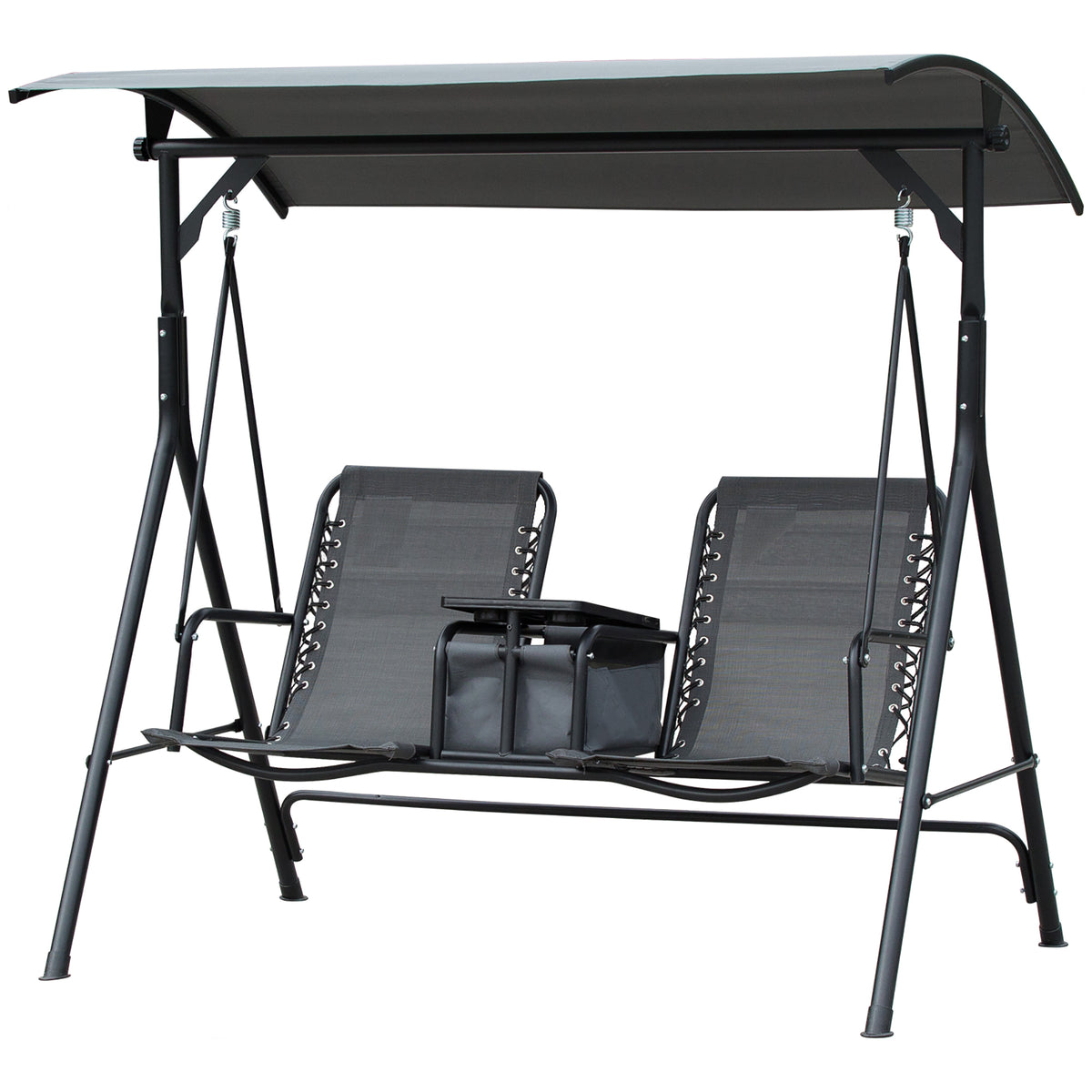 2-Seat Outdoor Porch Swing, with Pivot Storage Table, Cup Holder, & Adjustable Overhead Canopy, Stand's Skid-Resistant Feet Pad, Breathable Mesh Seat, Steel Frame, for Patio, Gray