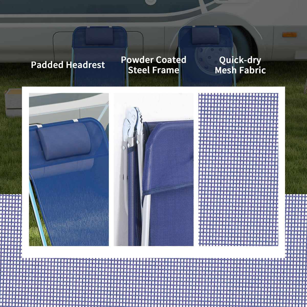 2 Piece Sun Loungers, Folding Chaise Lounge Chairs with Reclining Back, Breathable Mesh Seat, Headrest, Dark Blue