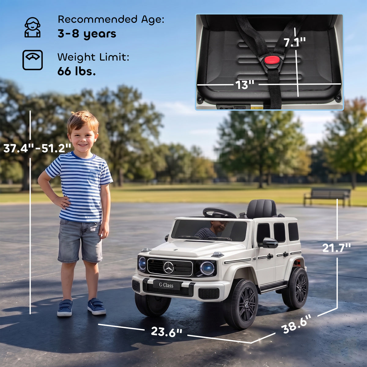 Licensed Mercedes-Benz G580 12V Kids Ride On Car with Remote, Soft Start, Headlights, Seat Belt, Music, USB, Horn, White