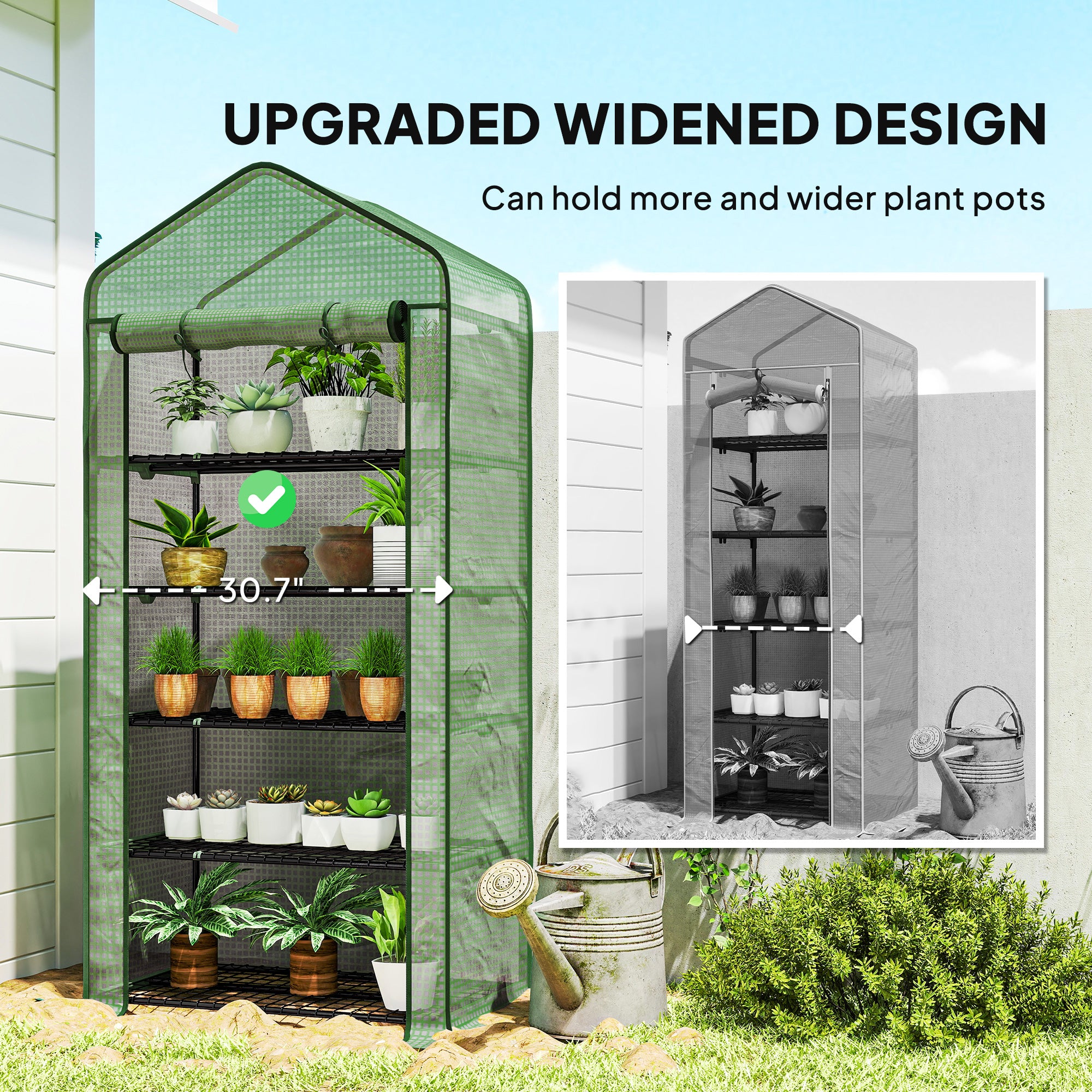 5 Tier Mini Greenhouse, Small Portable Greenhouse with PE Cover, Roll-Up Zippered Door, 76" x 35.4" x 19.3", Green - Green - Image 4