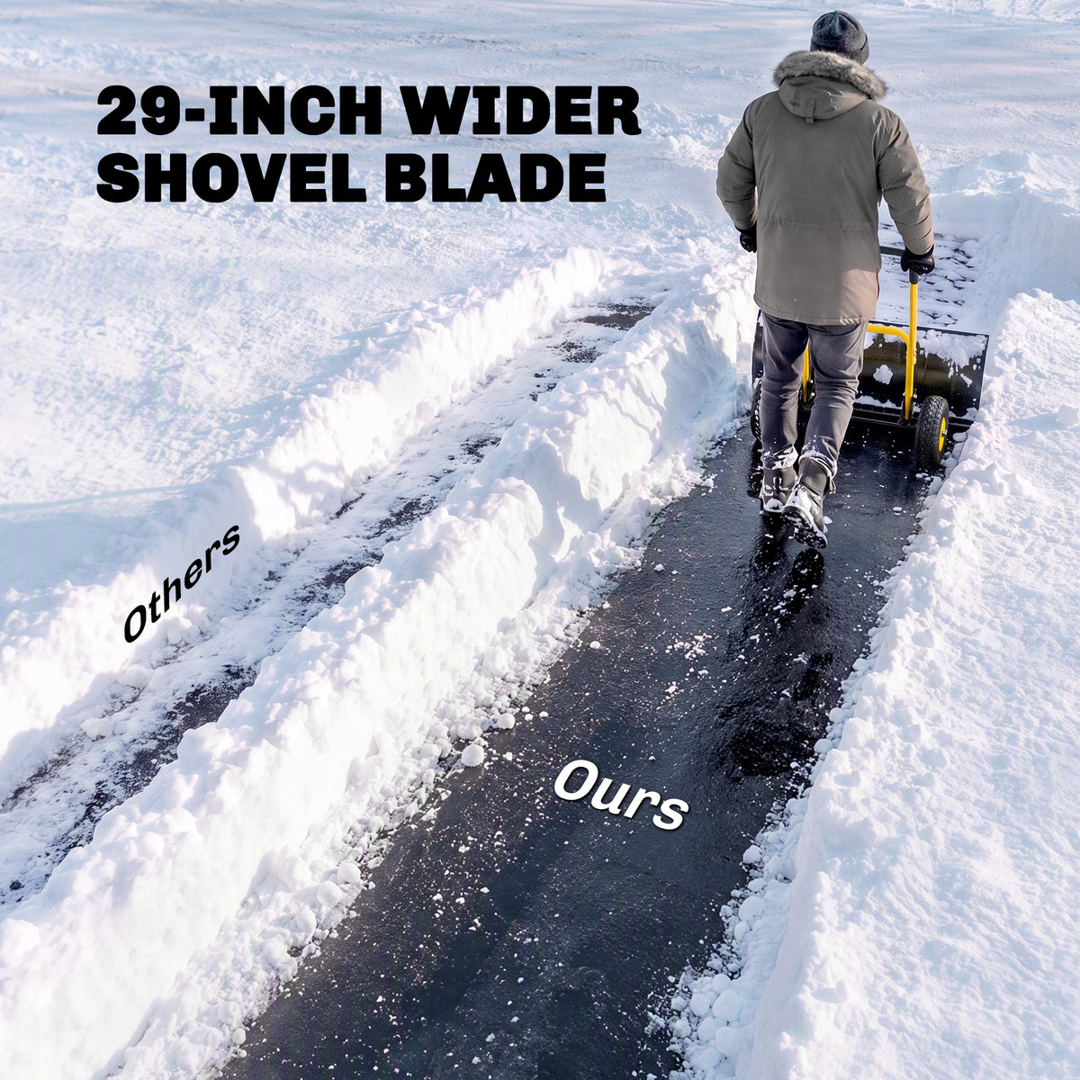 Snow Shovel with Wheels, 29" x 16.5" Metal Snow Pusher with Adjustable Handle, 5-Angle Blade for Driveway, Yellow