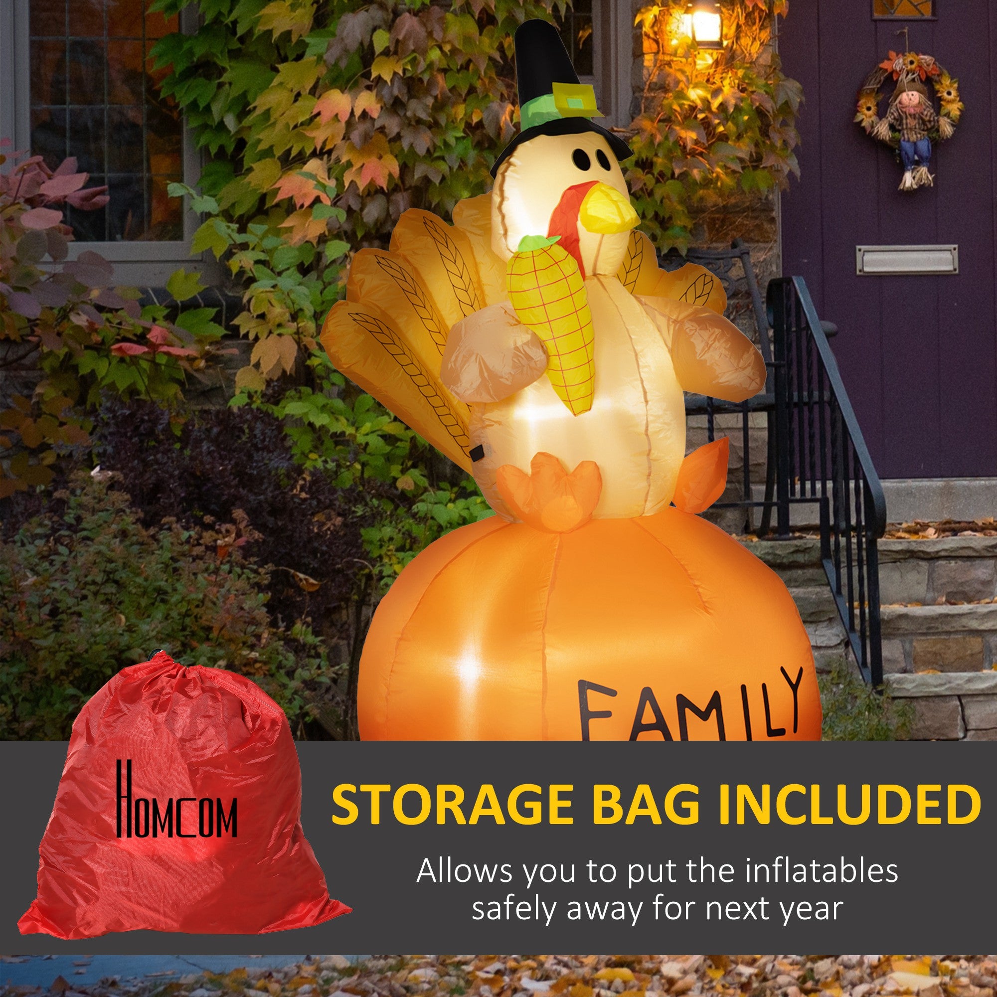 4.9ft Inflatable Thanksgiving Turkey, Blow Up LED Display for Garden Indoor Outdoor