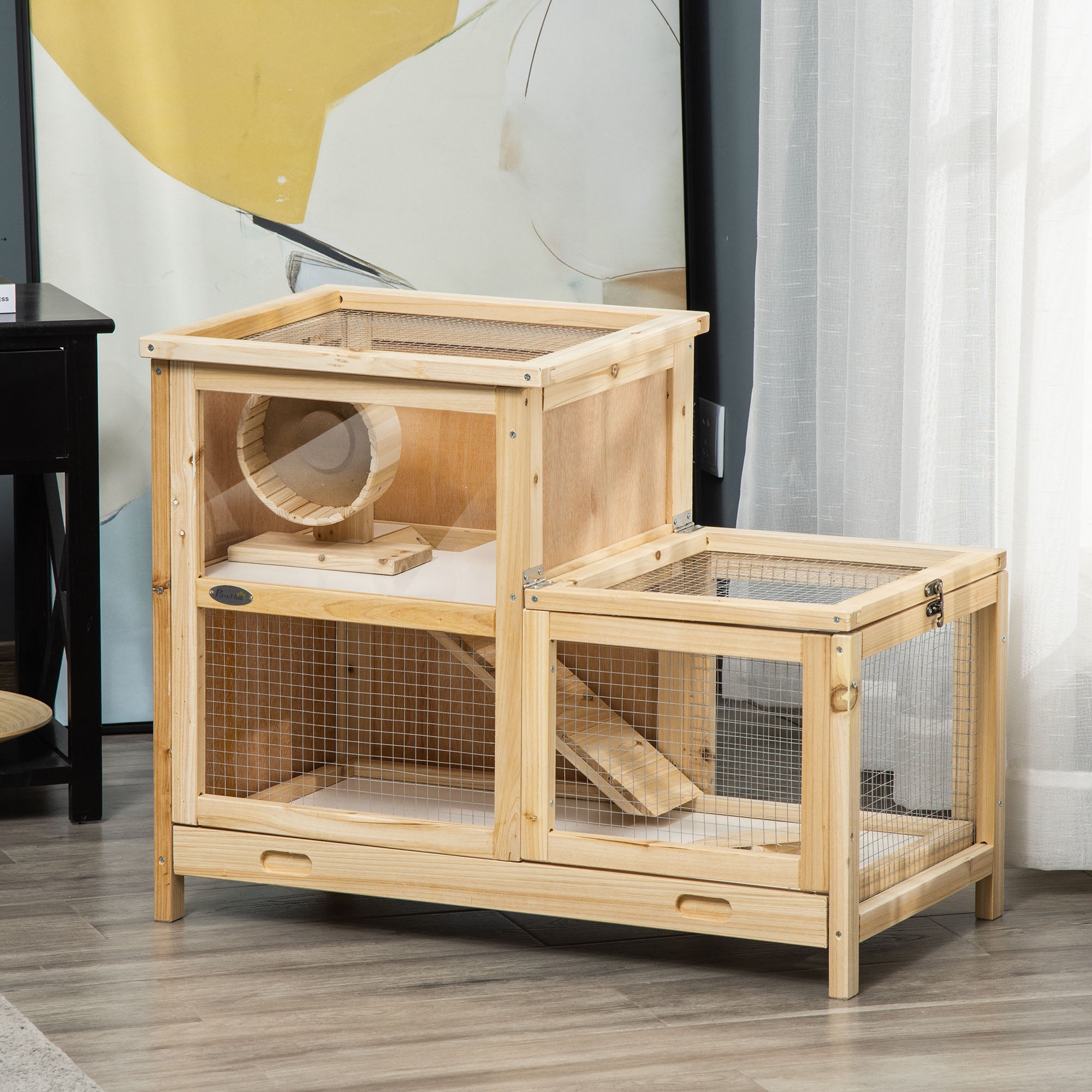 2-Tier Wooden Hamster Cage, Small Animals Hutch, w/ Seesaw, Tray - Natural Wood - Image 2
