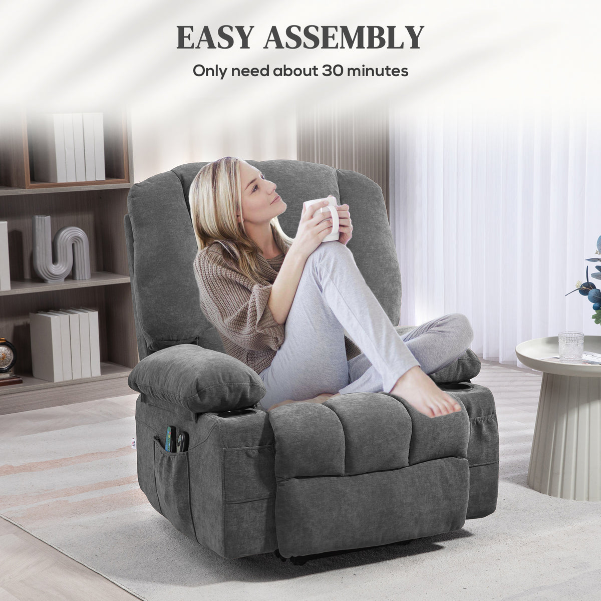 Power Lift Chair, Electric Recliner Chair with Vibration Massage, Heat, Side Pockets, Quick Assembly, Charcoal Gray