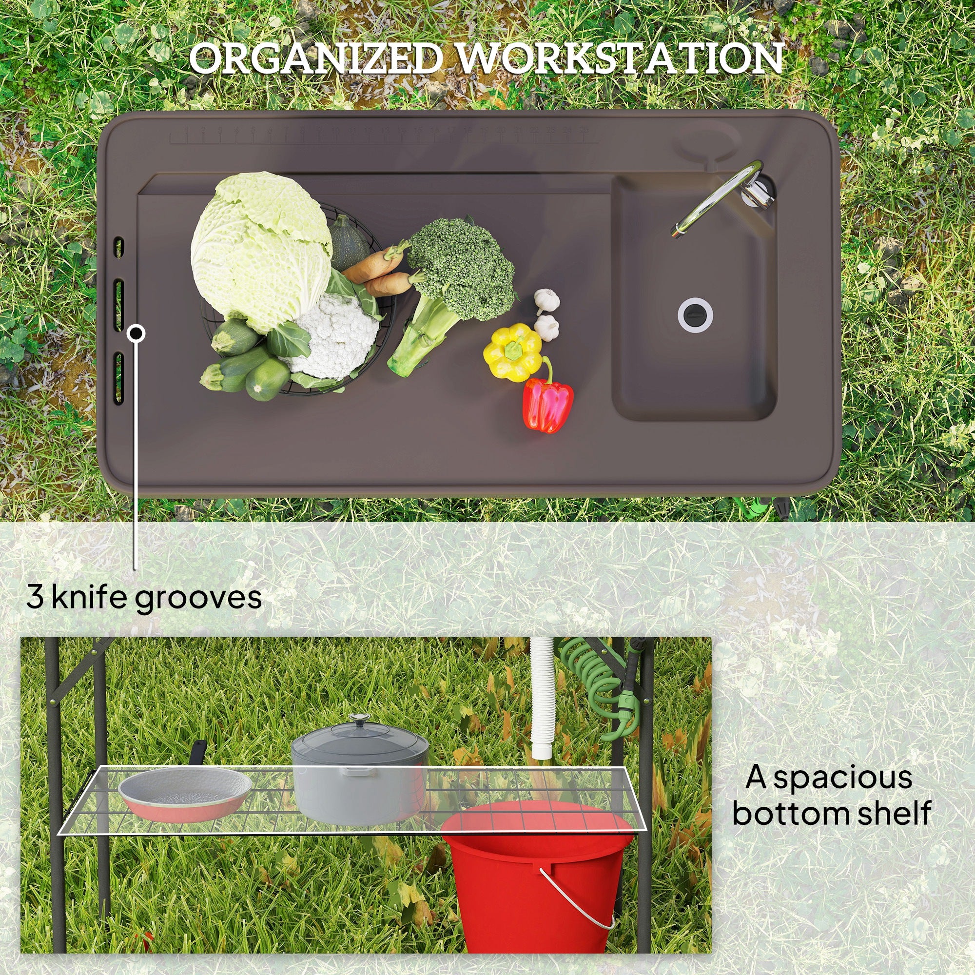 Folding Fish Cleaning Table with Sink, Portable Camping Table with Faucet, Drainage Hose, Sprayer and Shelf, Tan
