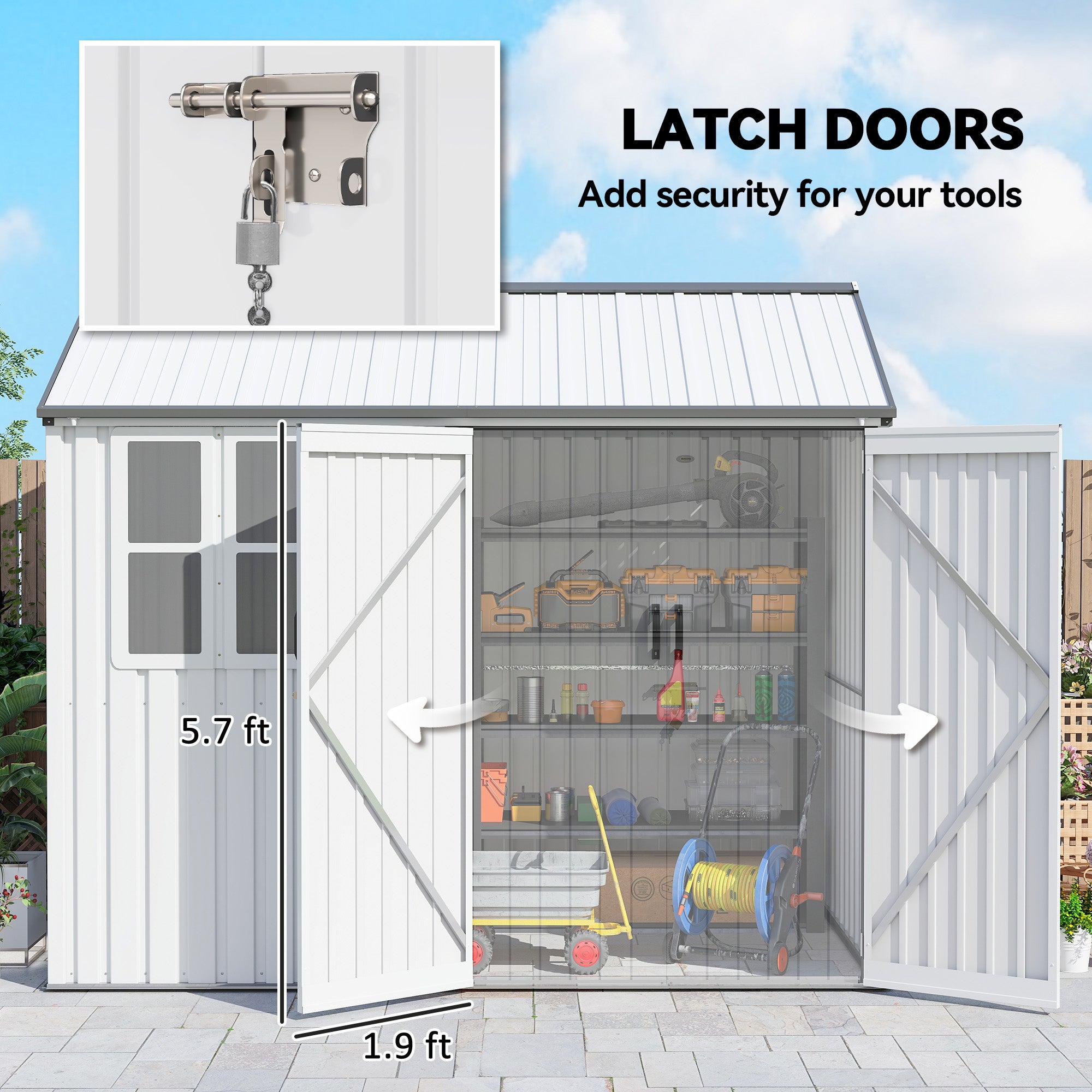 8' x 6' Metal Garden Storage Shed, Extra Large Outdoor Tool Storage House w/ Doors, Window and Air Vents, White - White - Image 7