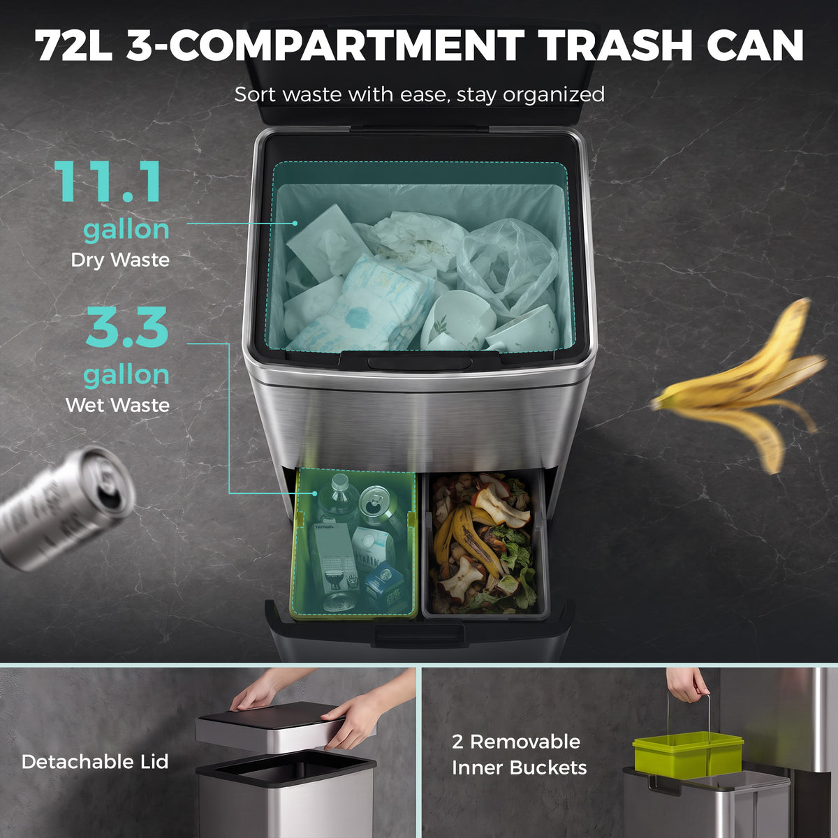 Kitchen Bin 3 Compartments Motion Sensor Trash Can Infrared Lid Stainless Steel 19 Gal Silver