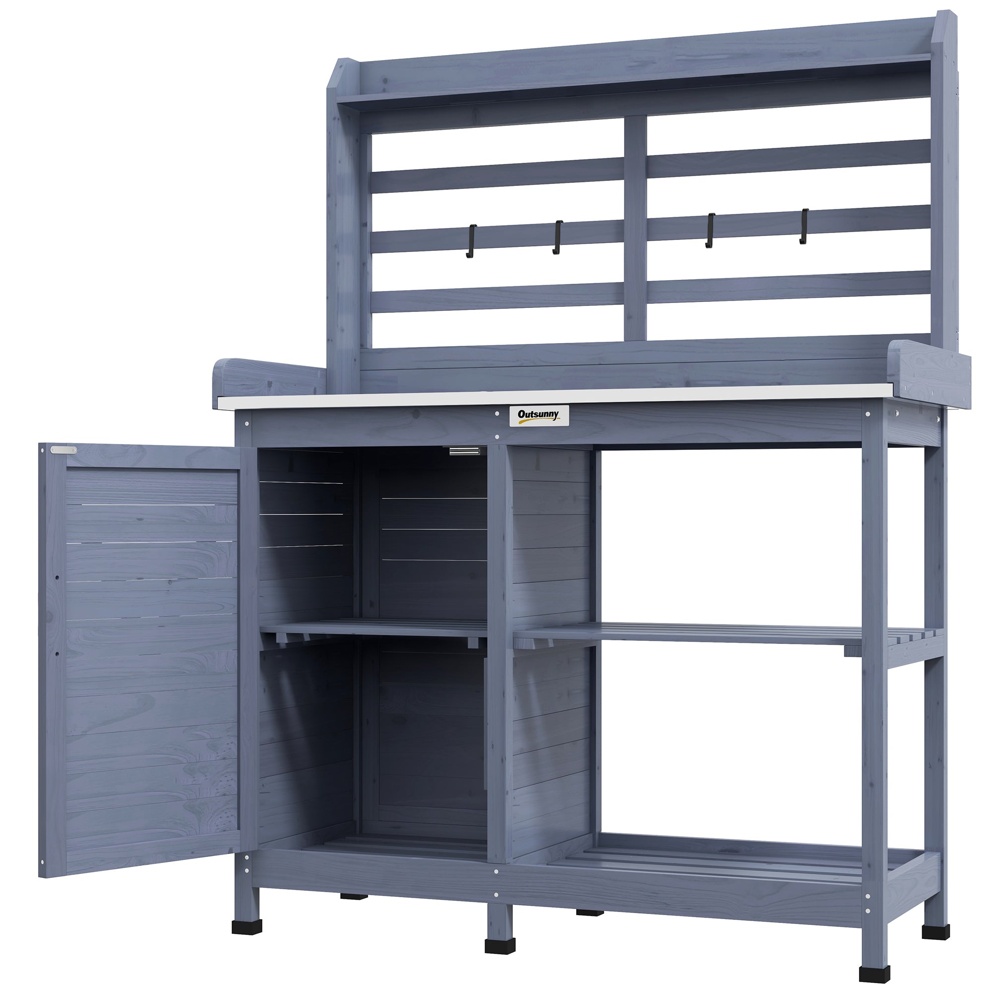 Wooden Potting Bench with Storage, Aluminum Tabletop for Backyard, Patio, Balcony, Gray - Gray