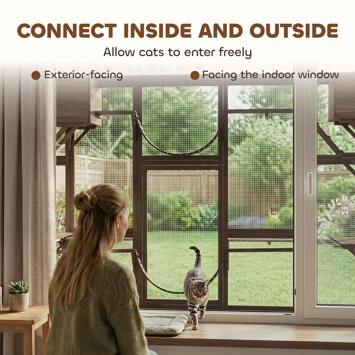 Catio Playground Cat Window Box Outside Enclosure for Multiple Cats w/ Shelves & Bridges, Coffee Brown