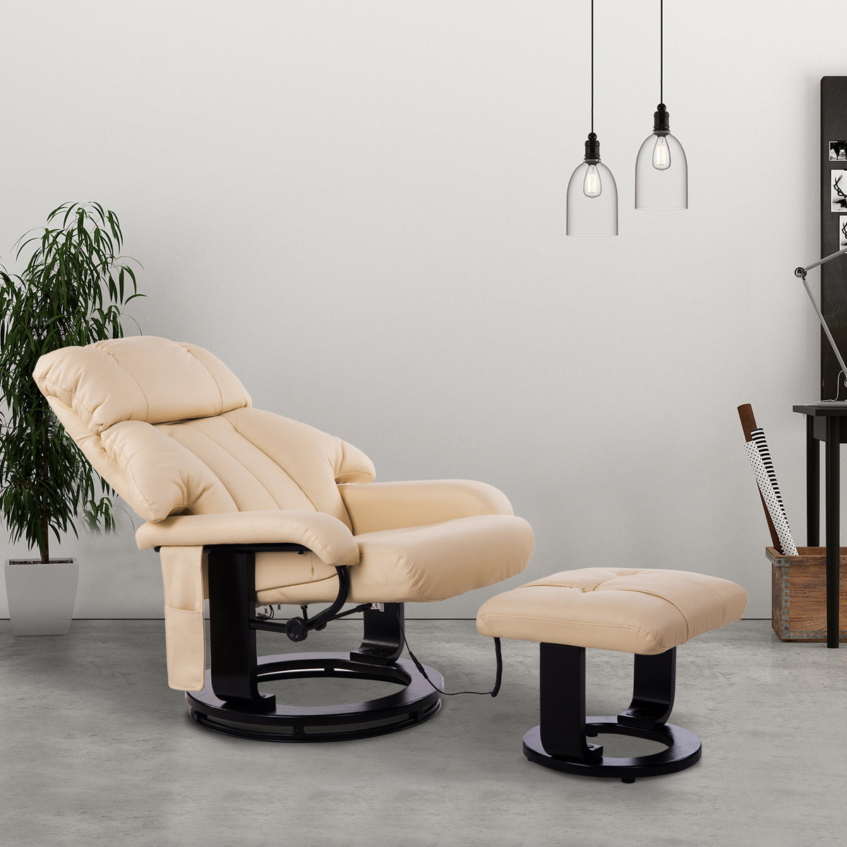 10-Point Massage Recliner Chair, Vibration Massage Sofa with Ottoman Footrest, Faux Leather and Swivel Wood Base for Living Room & Bedroom, Beige