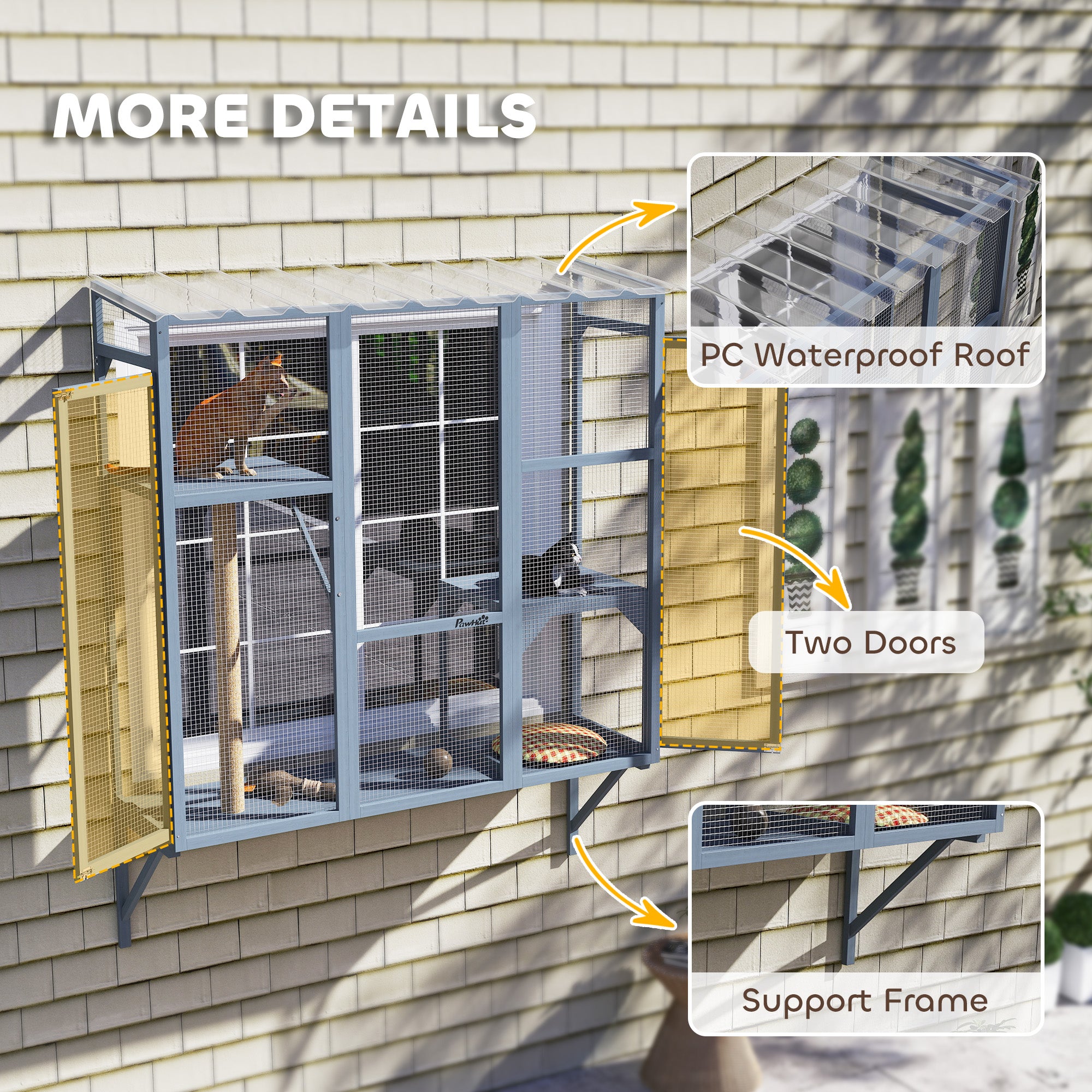 Catio Outdoor, Window Catio for 2-3 Large Indoor Cats w/ 2 Jumping Platforms, Scratching Post, for Playing, Napping - Gray - Image 6