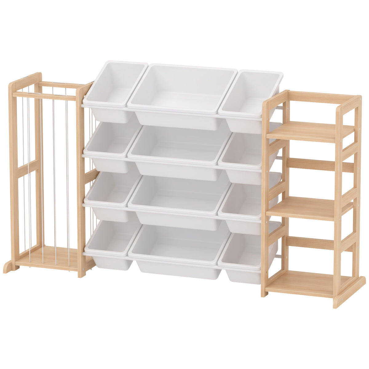 3-in-1 Wooden Toy Storage Organizer with Stuffed Animal Storage, Bookshelf, 12 Bins for Bedroom, Playroom, Nursery