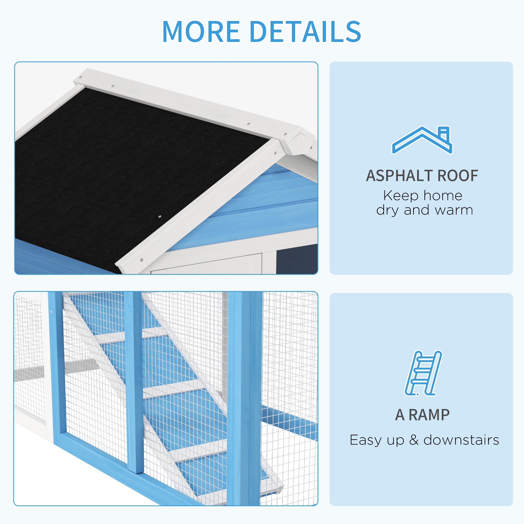 48" Wooden Rabbit Hutch Bunny Cage with Waterproof Asphalt Roof, Fun Outdoor Run, Removable Tray and Ramp, for Rabbits, Chickens, Ducks, Light Blue - Sky Blue - Image 7