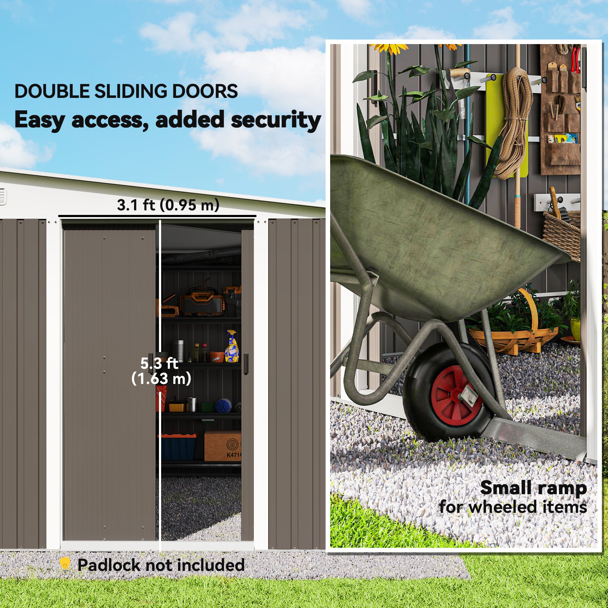 11' x 9' Metal Outdoor Storage Shed, Tool House with Double Lockable Doors for Backyard, Patio, Lawn, Garage, Gray - Gray - Image 6