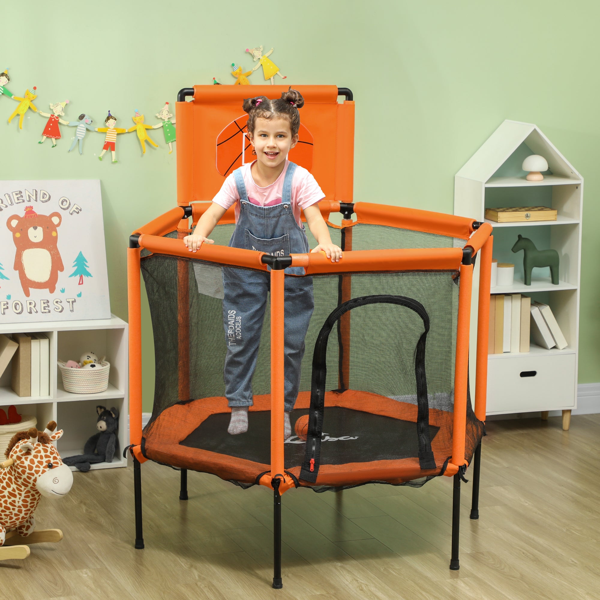 48" Kids Trampoline with Safety Enclosure Net, Basketball Hoop for Ages 3-6, Gifts for Boys & Girls, Orange