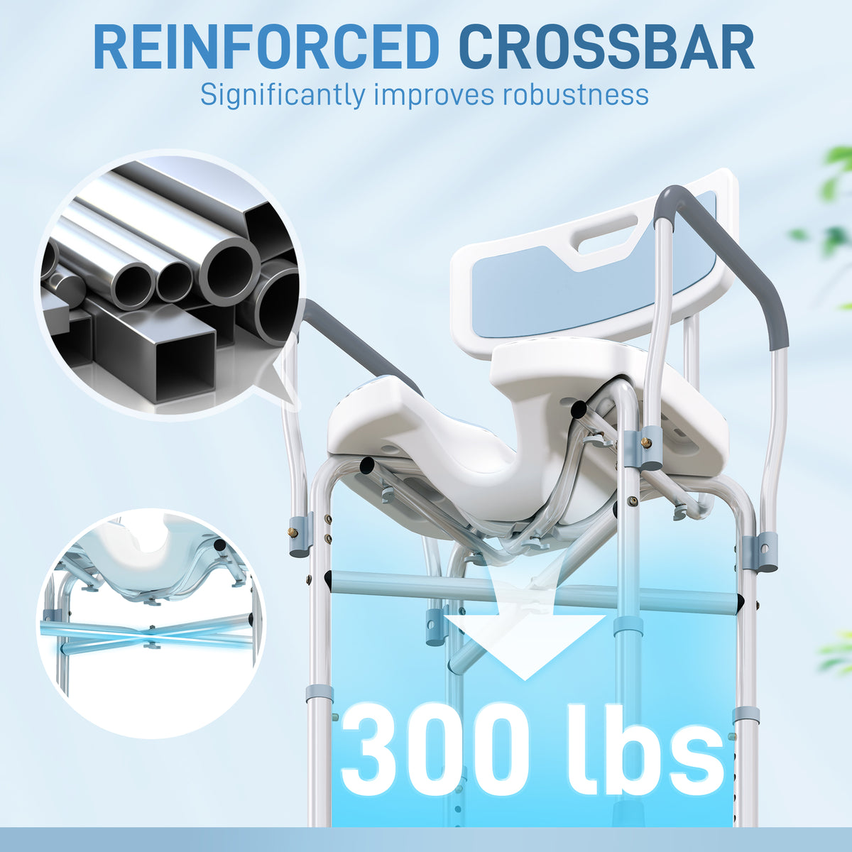 Bath Seat with Adjustable Height, Anti-slip, HDPE Padded Shower Chair with Arms and Back, Light Blue