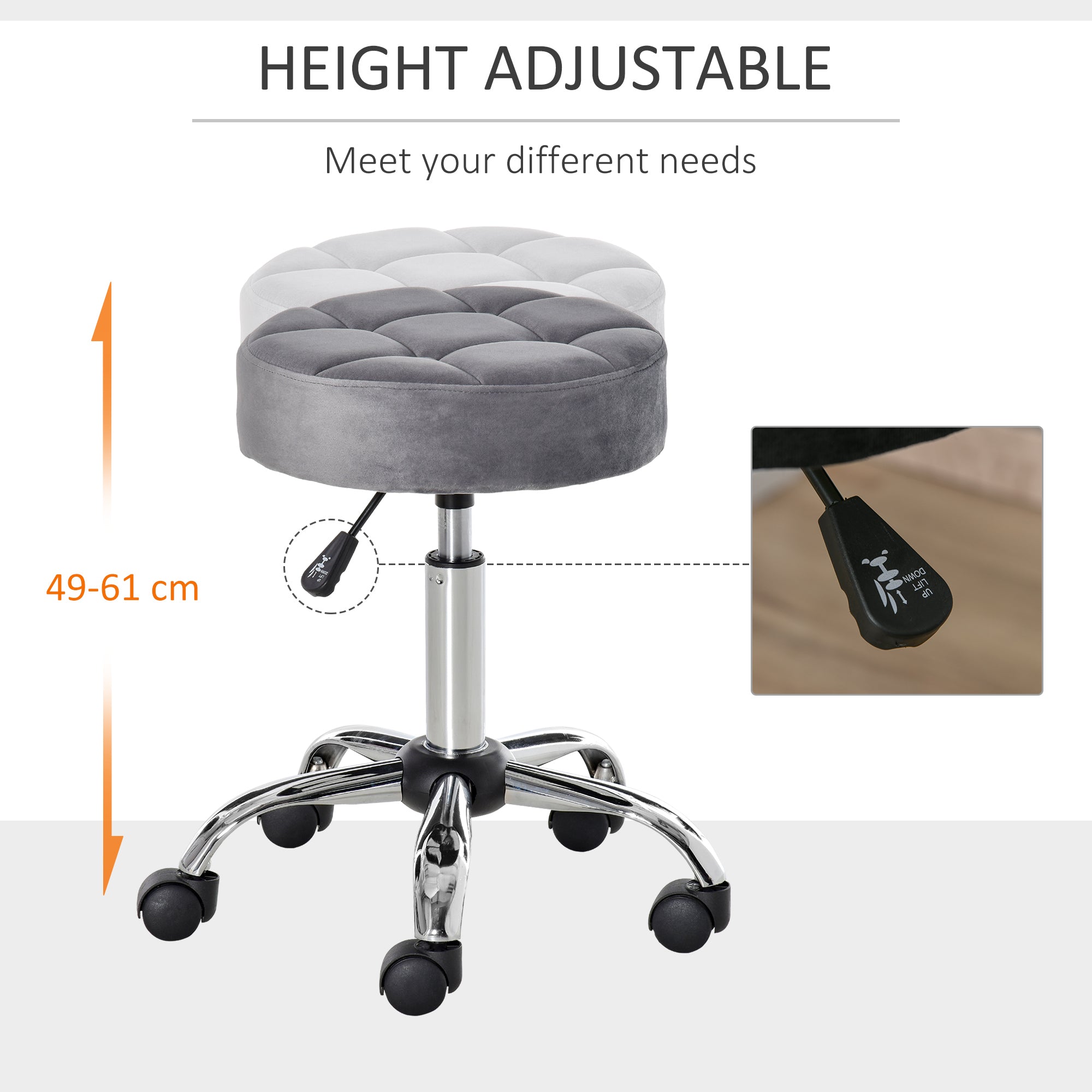 Round Rolling Stool with Height Adjustable Lift, Vanity Chair with Luxury Style Upholstery, Office Chair with Swivel Seat and Wheels for Work Spa Salon, Grey