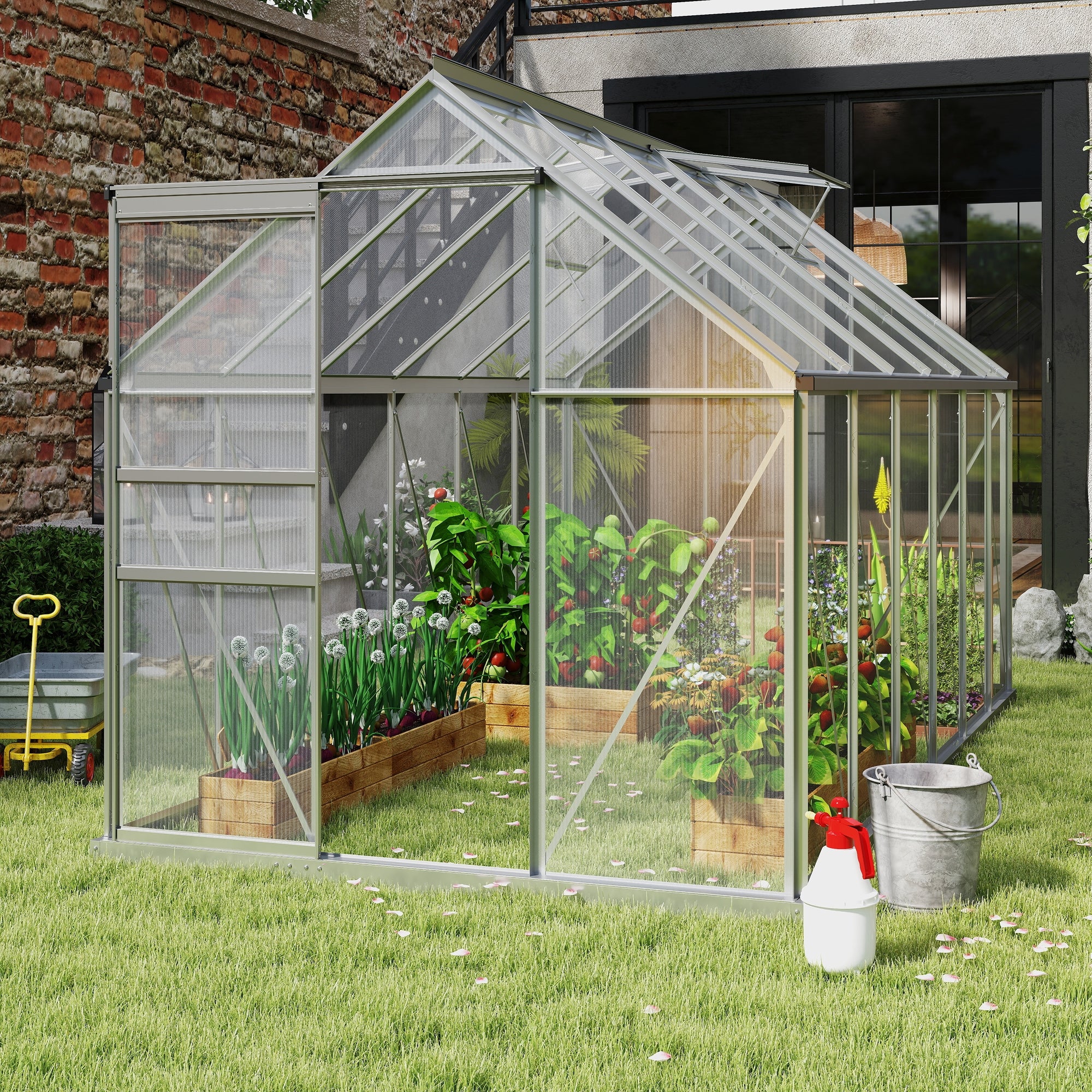 12' x 6' x 6.5' Polycarbonate Greenhouse with Aluminum Frame, Walk-in Heavy Duty Green House with Adjustable Roof Vent, Rain Gutter and Sliding Door for Winter, Silver - Silver - Image 2