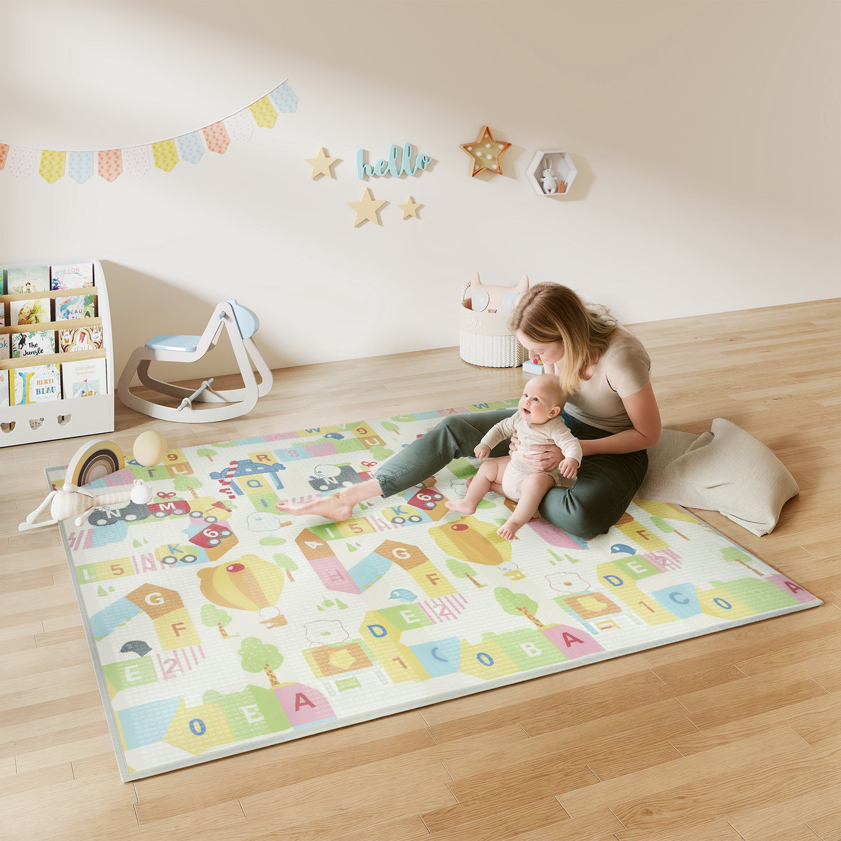 Qaba Foldable & Reversible Baby Play Mat, 79" x 71" Foam Floor Mat, Non-Slip Waterproof Crawling, Alphabet & Cloud Design