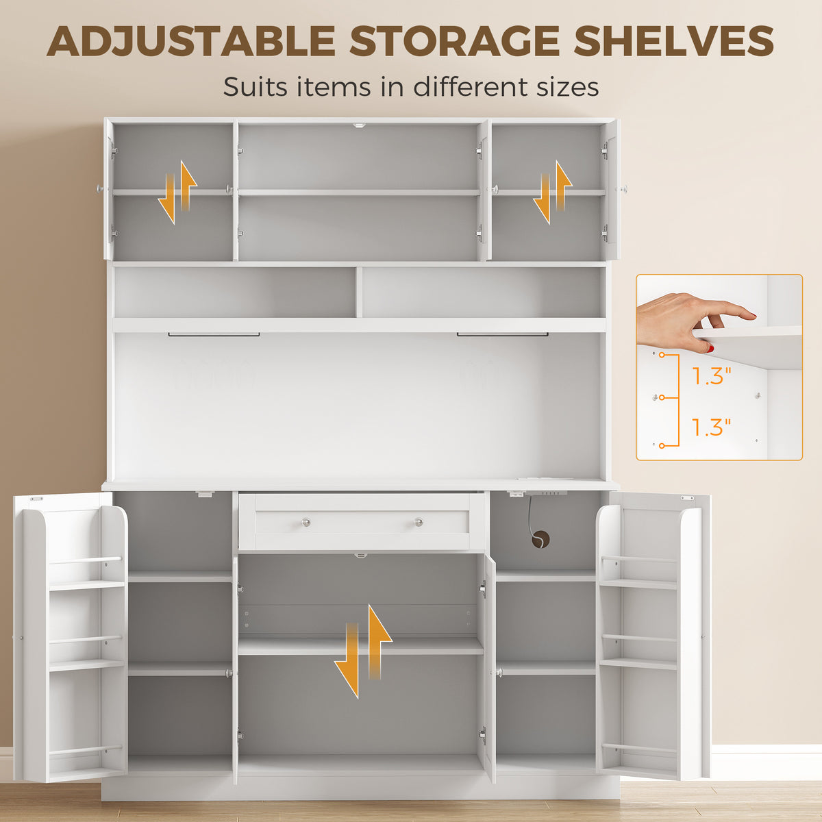 73" Pantry Cabinet with Charging Station, 55" Wide Kitchen Pantry with Microwave Stand, White