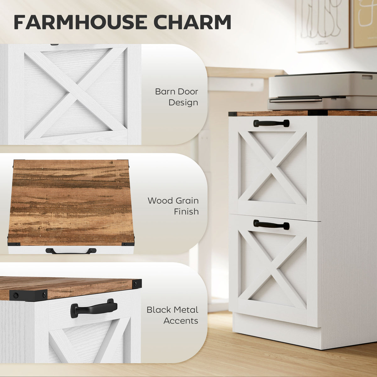 Vertical Storage Drawers Farmhouse X Pattern Printer Stand Fits Letter Files 2 Drawers White