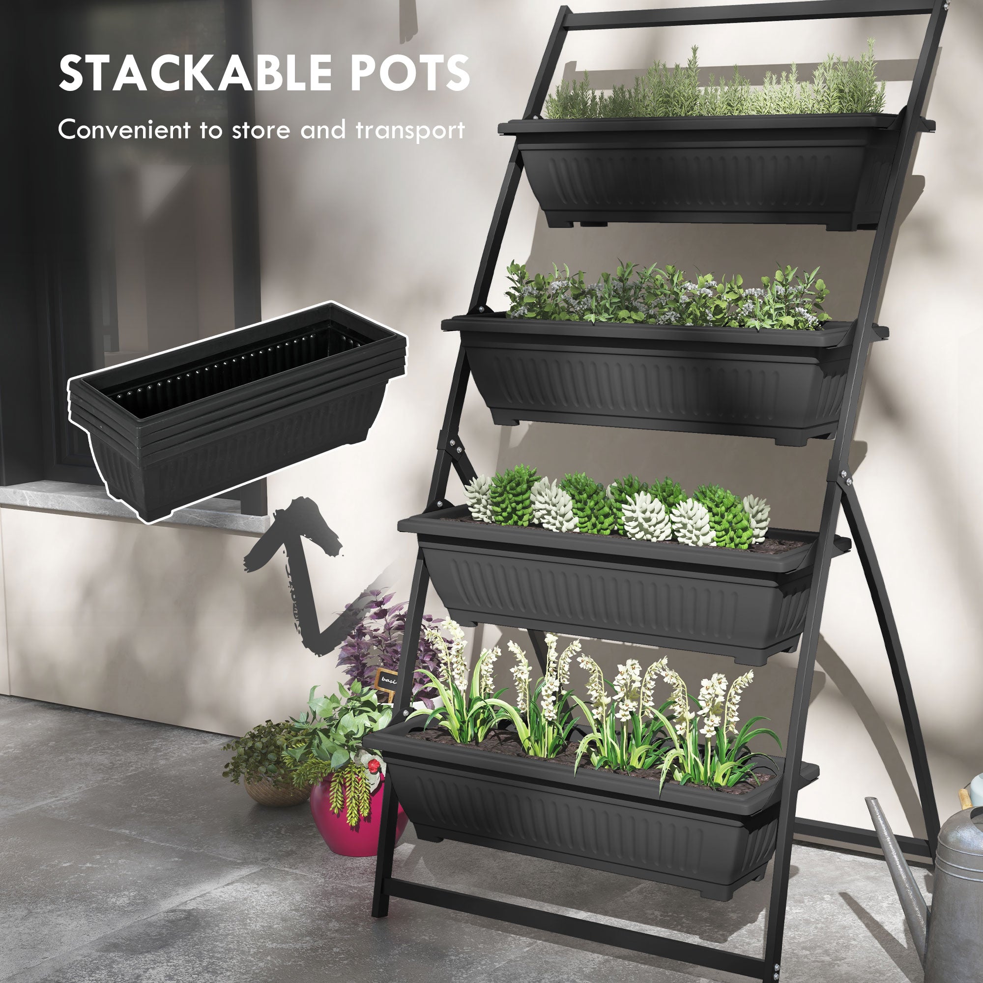 4-Tier Vertical Raised Garden Planter with 4 Boxes, Outdoor Plant Stand Grow Container for Vegetable & Flowers, Black - Black - Image 7