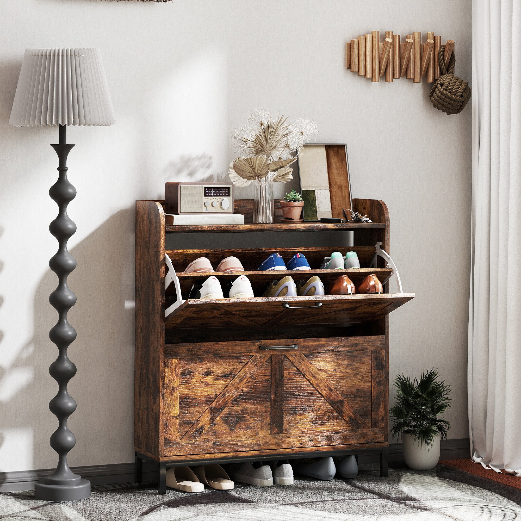 Shoe Cabinet Organizer with 2 Flip Drawers, Legs, Narrow Shoe Storage Cabinet for Entryway, Hallway, Rustic Brown - Rustic Brown - Image 2