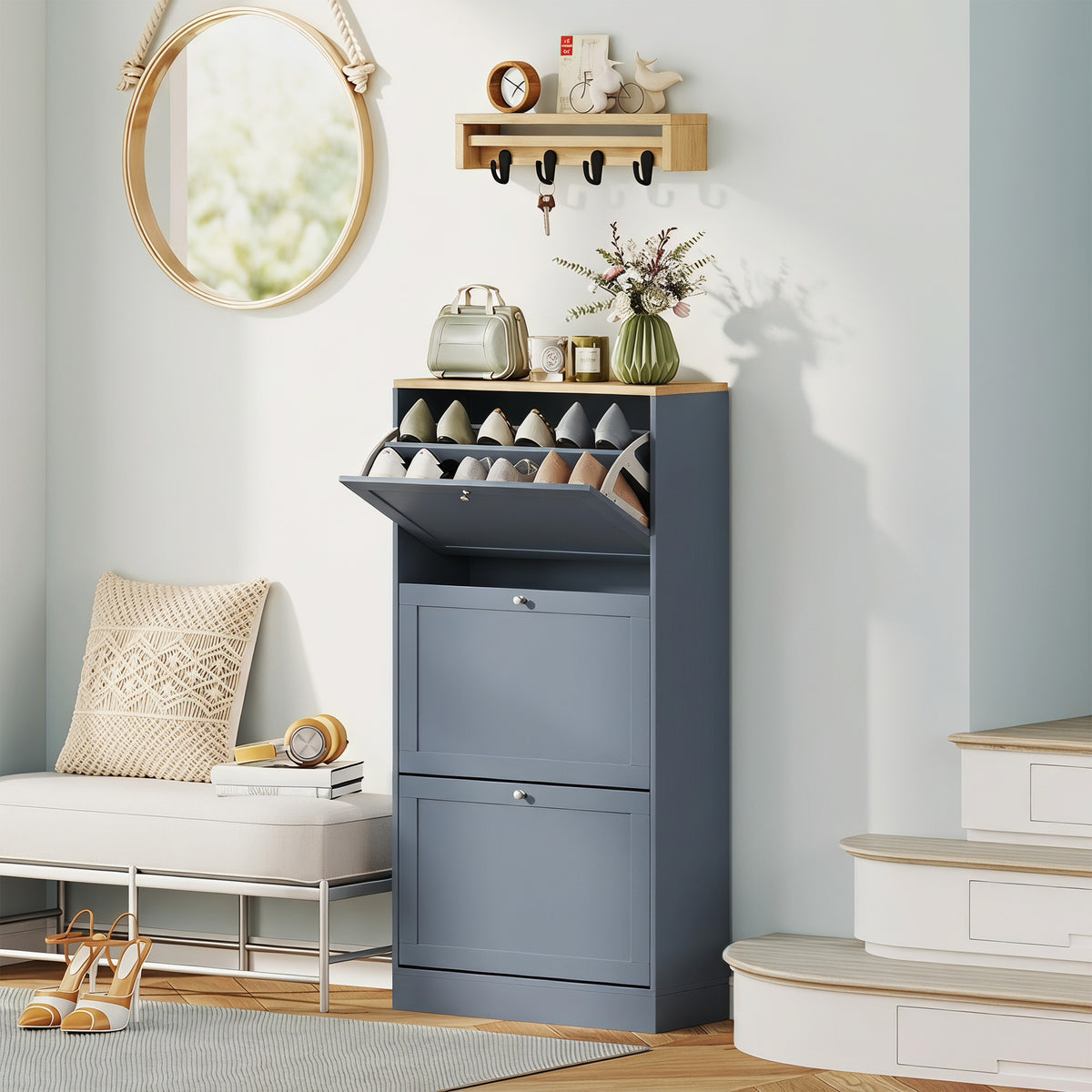 Modern Shoe Storage Cabinet with 3 Flip Drawers and Adjustable Shelves for 12-18 Pairs of Shoes, Blue