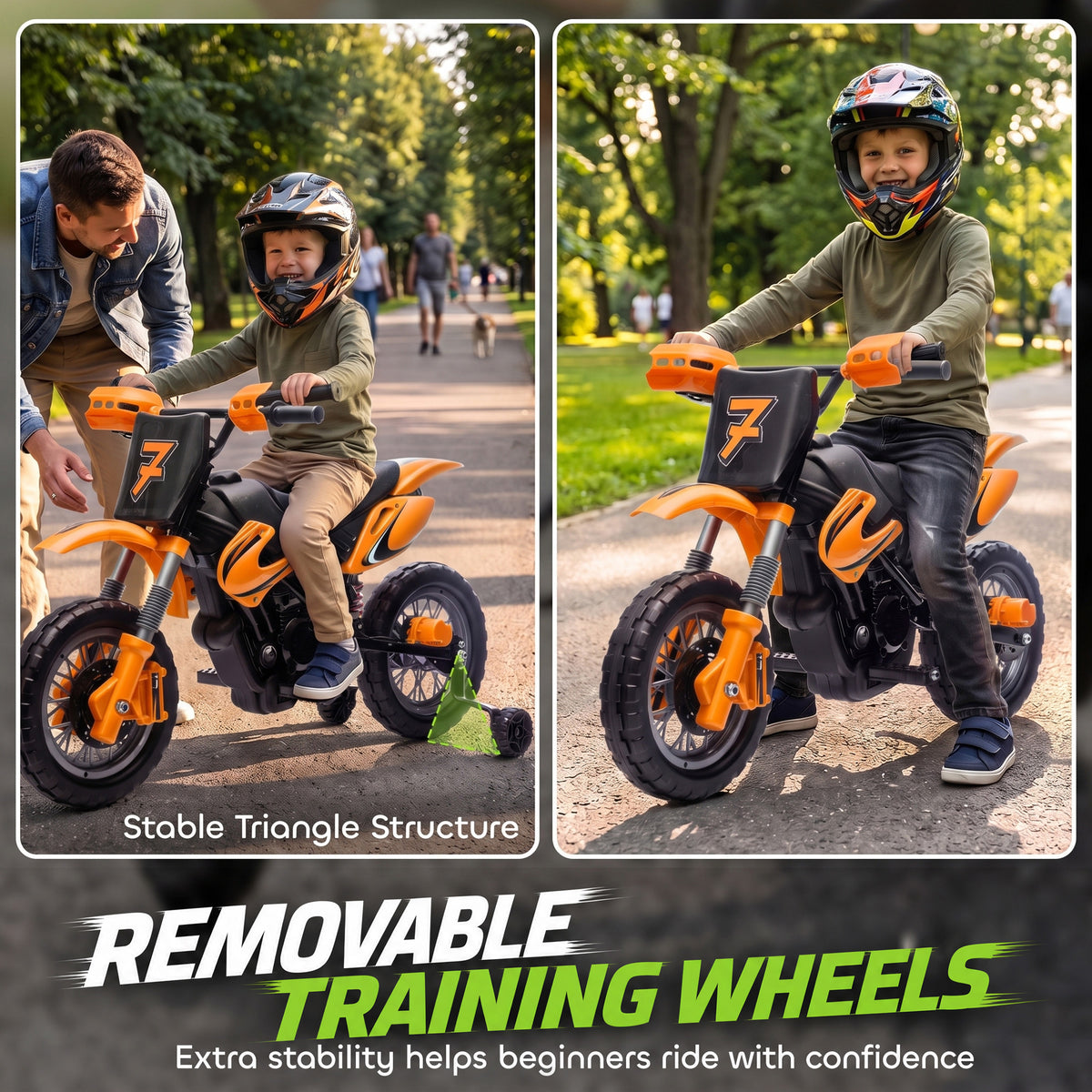 12V Kids Motorcycle, 2 x 35W Electric Dirt Bike with Training Wheels, Rear Suspension, Horn for 3-6 Years, Orange